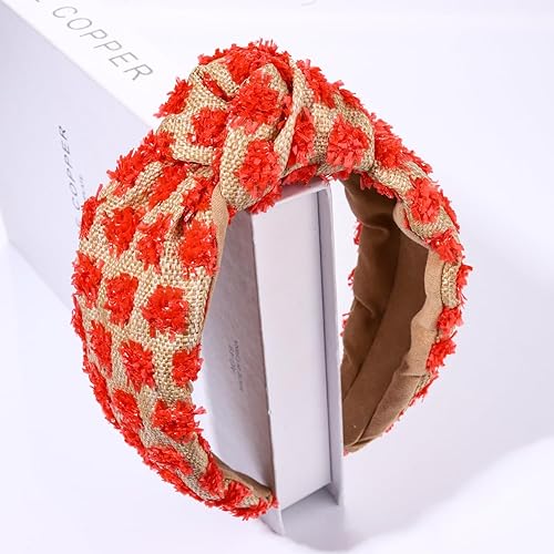 Miniatura 4 de ZITULRY Diademas anudadas de rafia para mujer, boho, pajilla, con nudo superior, banda para el pelo, con pompón tejido de ratán, aro de pelo para