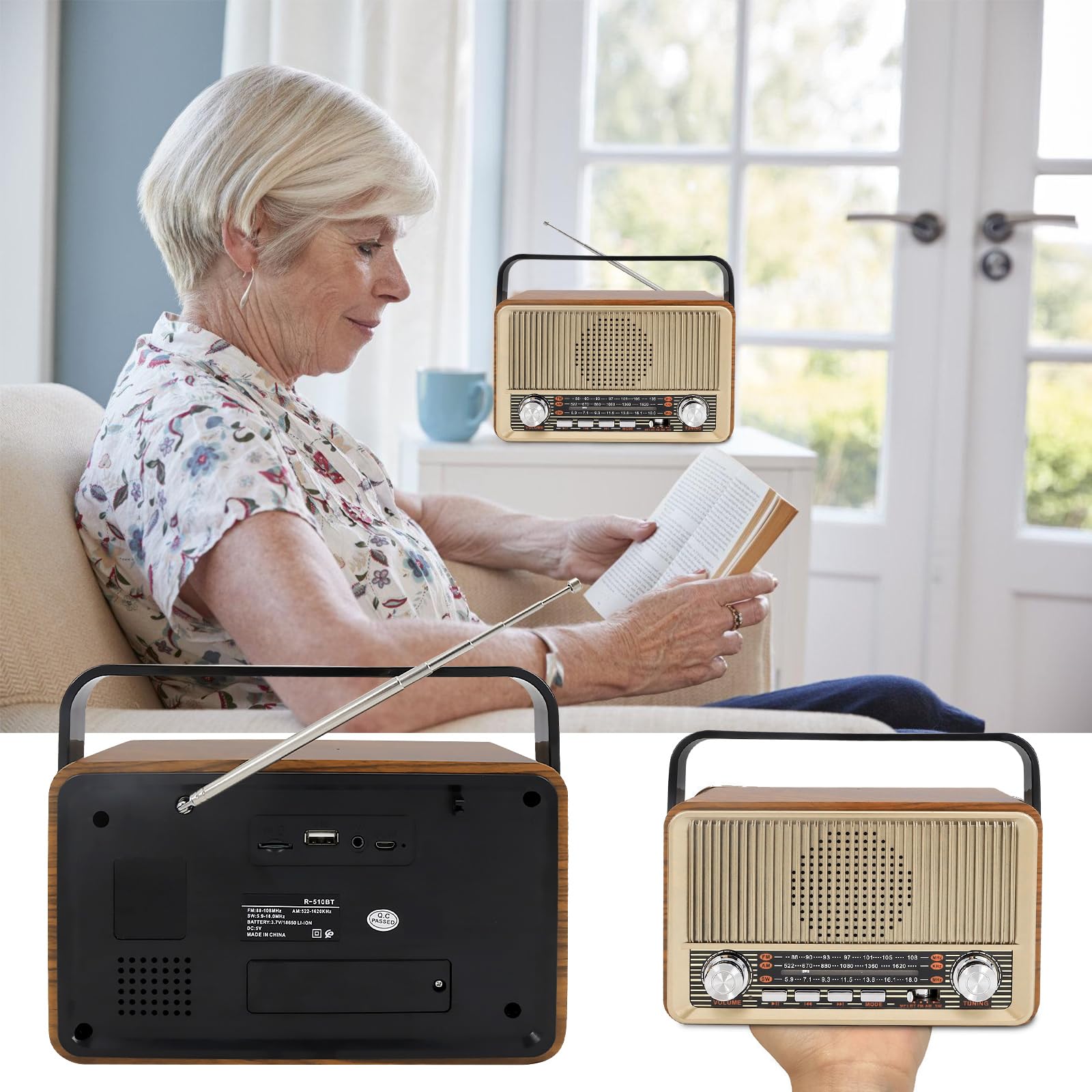 Radio rétro avec Bluetooth, petite radio de valise nostalgie avec AM/FM/SW3, USB/TF/AUX, rechargeable, radio de cuisine, radio vintage pour cuisine, bureau, extérieur