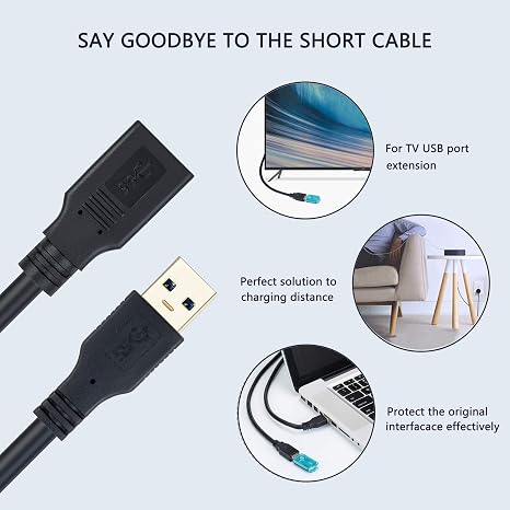 USB Extension Cable 1.6ft, USB 3.0 Extender Male to Female Cord High Data Transfer Compatible with Webcam,USB Keyboard,Flash Drive,Hard Drive,Printer, and More