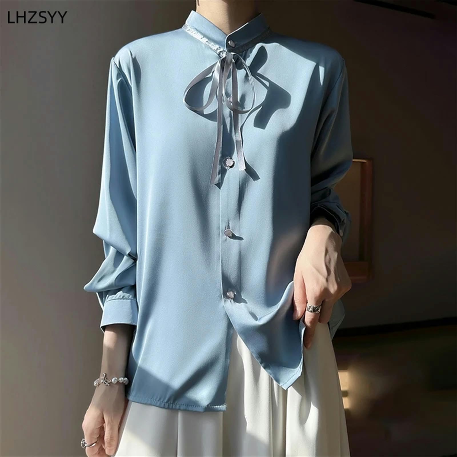 Bluse Damen Cardigan Stehkragen Satin Shirt Frauen Frühling Stil Bluse Langarm Top-Weiss-m