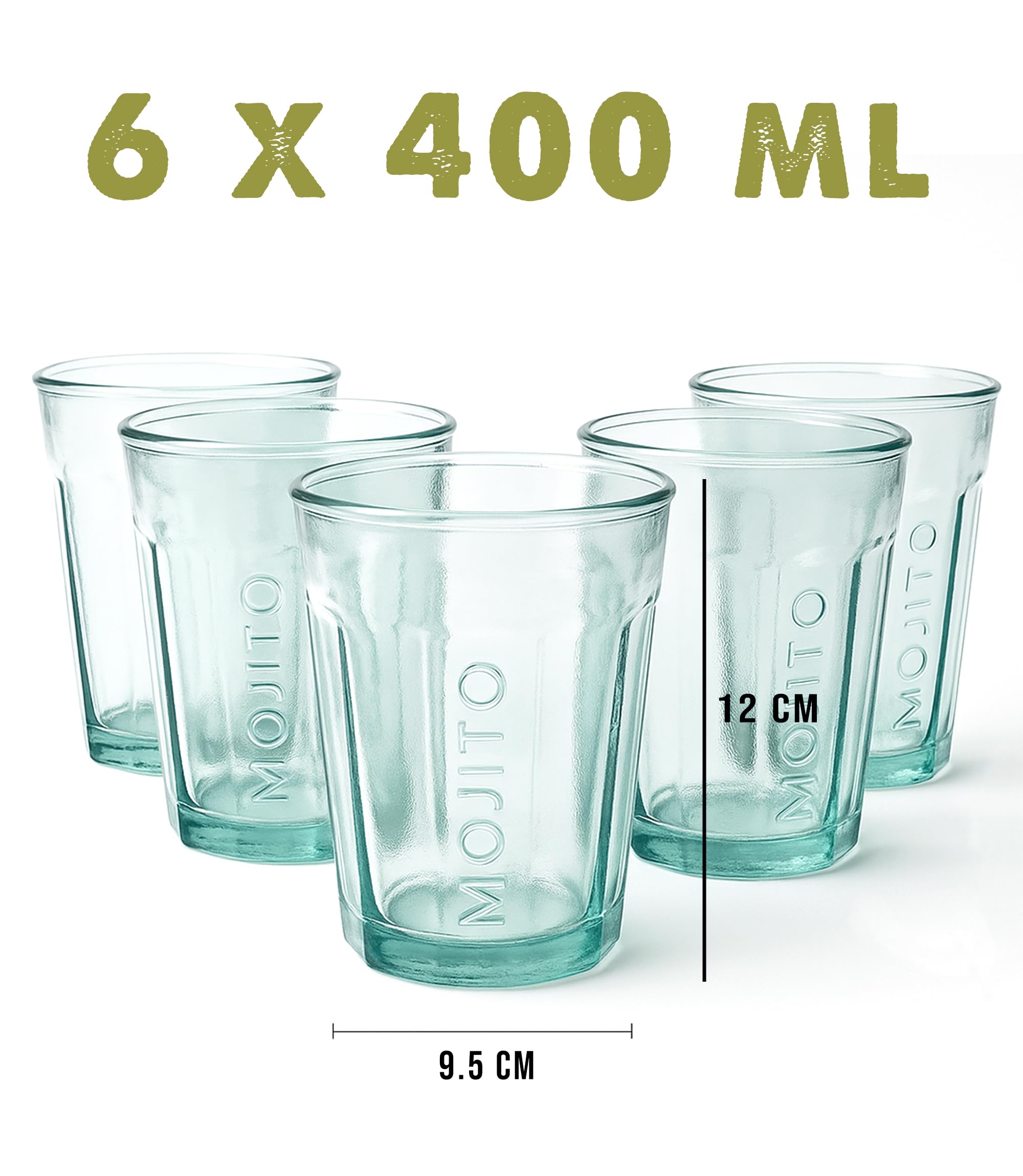 Pack 6 Vasos Mojito Vidrio Reciclado 450ml Resistentes Reutilizables Para Cócteles Batidos Helados Diseño Cónico con Relieve Ideal para Fiestas Verano Bar Hogar Bebidas Frías y Refrescantes