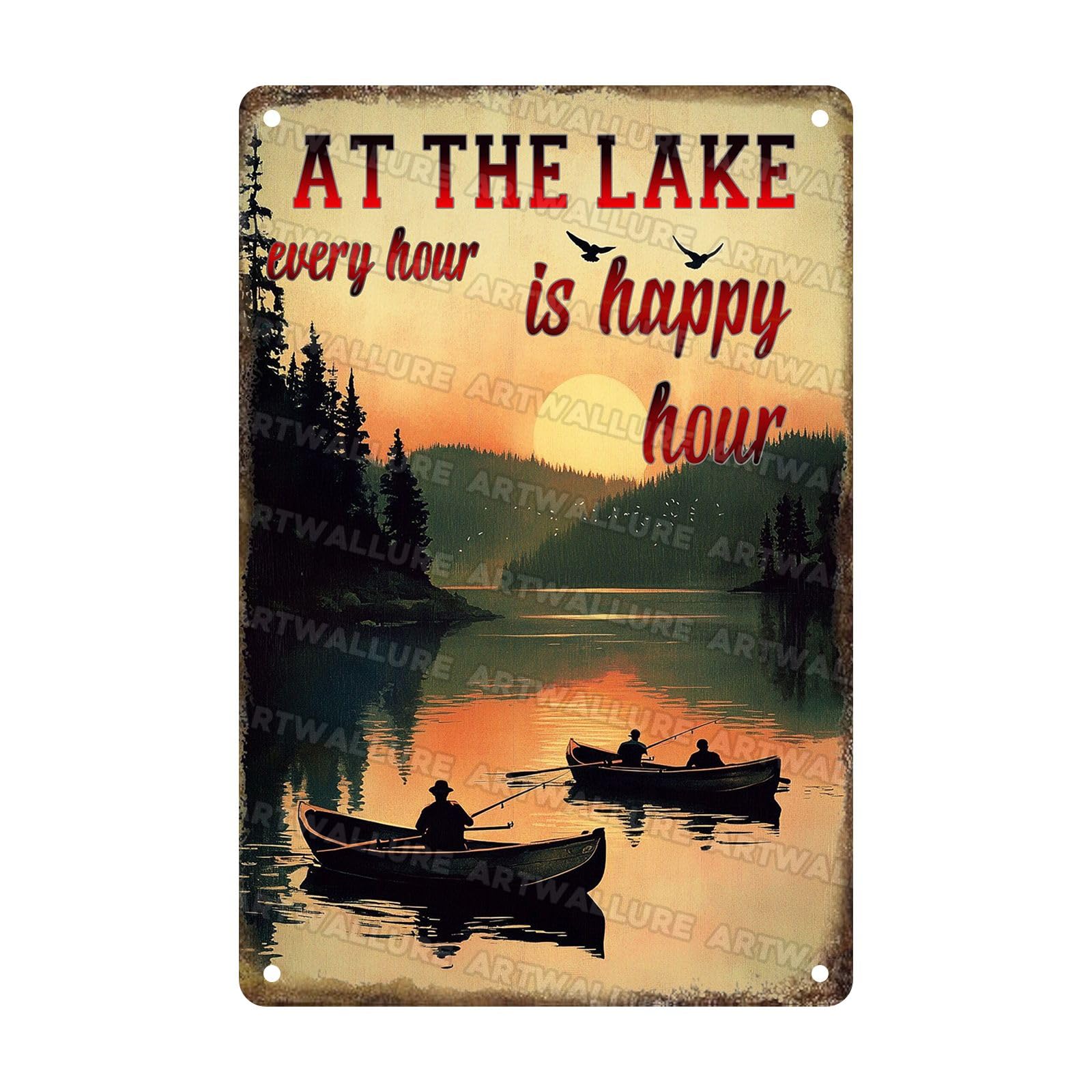Vintange Metal Sign At The Lake Every Hour Is Happy Hour Novelty Tin Poster Home Kitchen Bathroom Bar Pub Man Cave Aluminium Sign Art Wall Decor 8x12Inch
