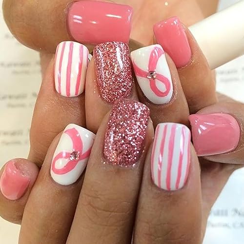 24 uñas postizas cuadradas a presión sobre cáncer de mama, uñas postizas medianas con cinta rosa con diamantes de imitación brillantes, uñas