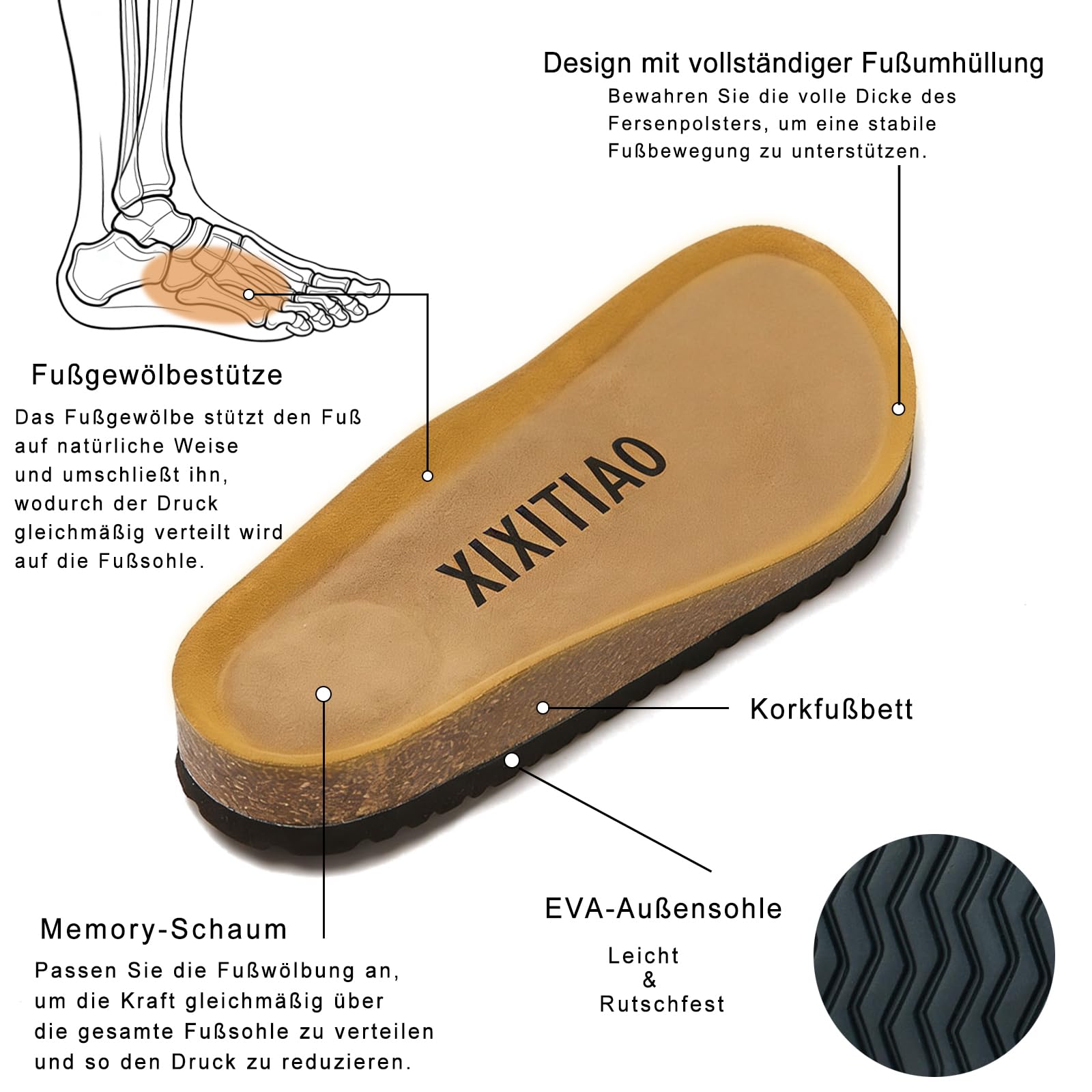XIXITIAO Sandales en daim pour femme avec soutien de la voûte plantaire, mules avec semelle en liège et mousse à mémoire de forme, claquettes plates avec sangles croisées et boucle réglable.