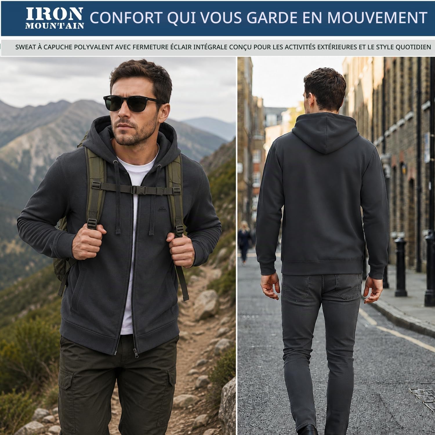 Iron Mountain Sweat à Capuche Zippé en Polaire pour Homme – Hoodie souple et confortable avec poignets côtelés