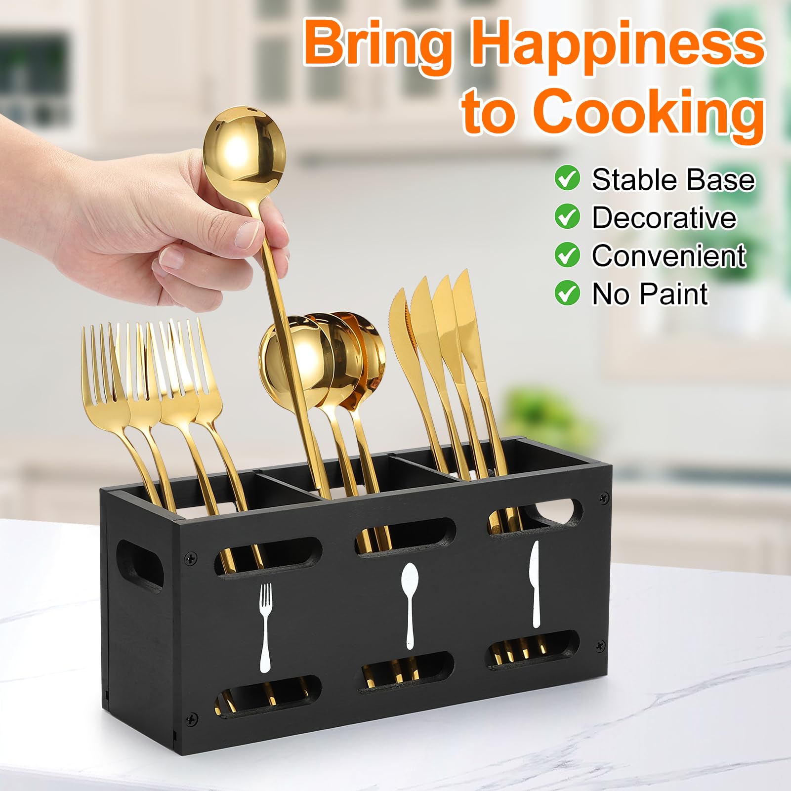 Grey Washed Mango Wood Flatware Caddy with Metal Handles - 3 Compartment Organizer Box for Silverware, Sauce Spoon, Tongs and More (BLACK)