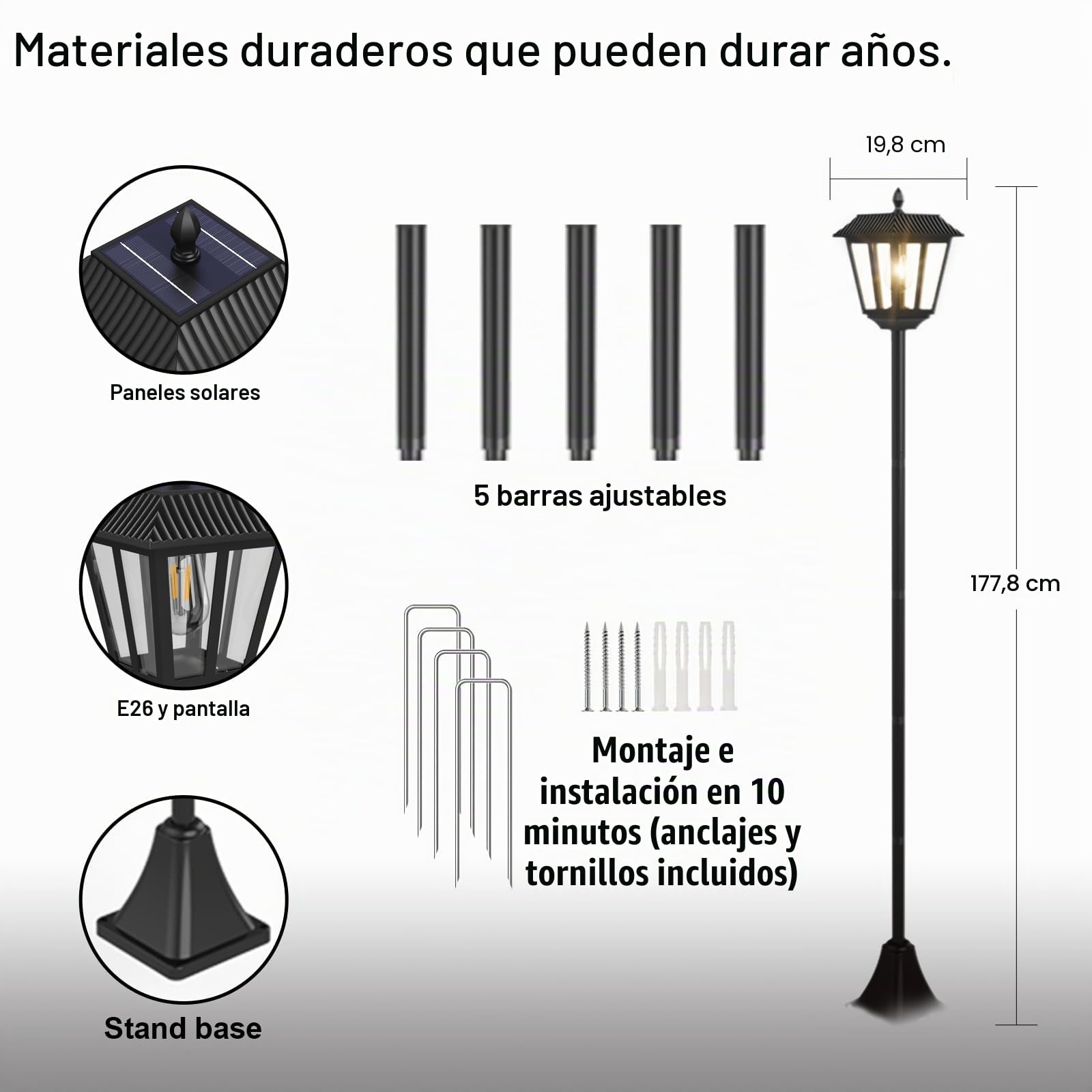 Linterna solar linternas solares de 180 cm para el exterior con linterna de jardín solar de pimazos de tierra para la resistencia a la intemperie, la lámpara de jardín ligera de camino