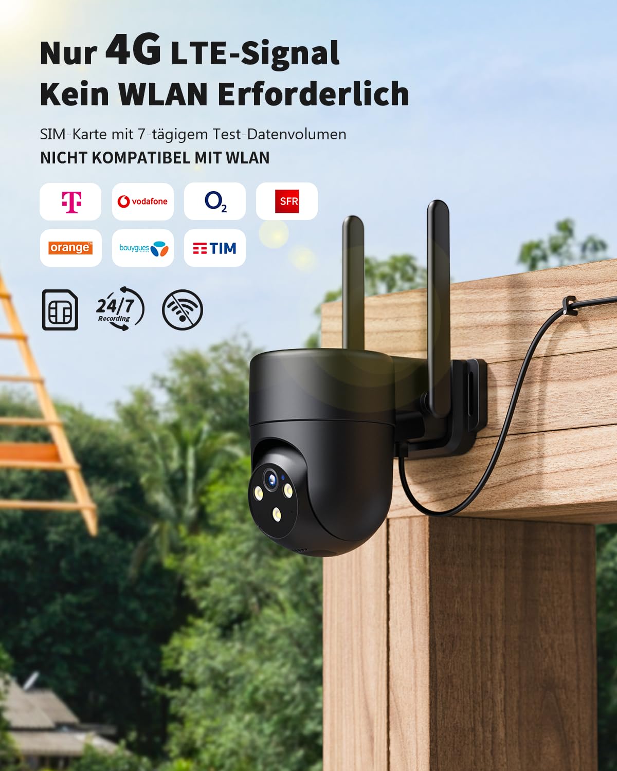 4G LTE Überwachungskamera Aussen mit SIM Karte, Outdoor Kamera Überwachung Ohne WLAN mit AI Personenerkennung, 2K Farb-Nachtsicht, 2-Wege-Audio, IP66