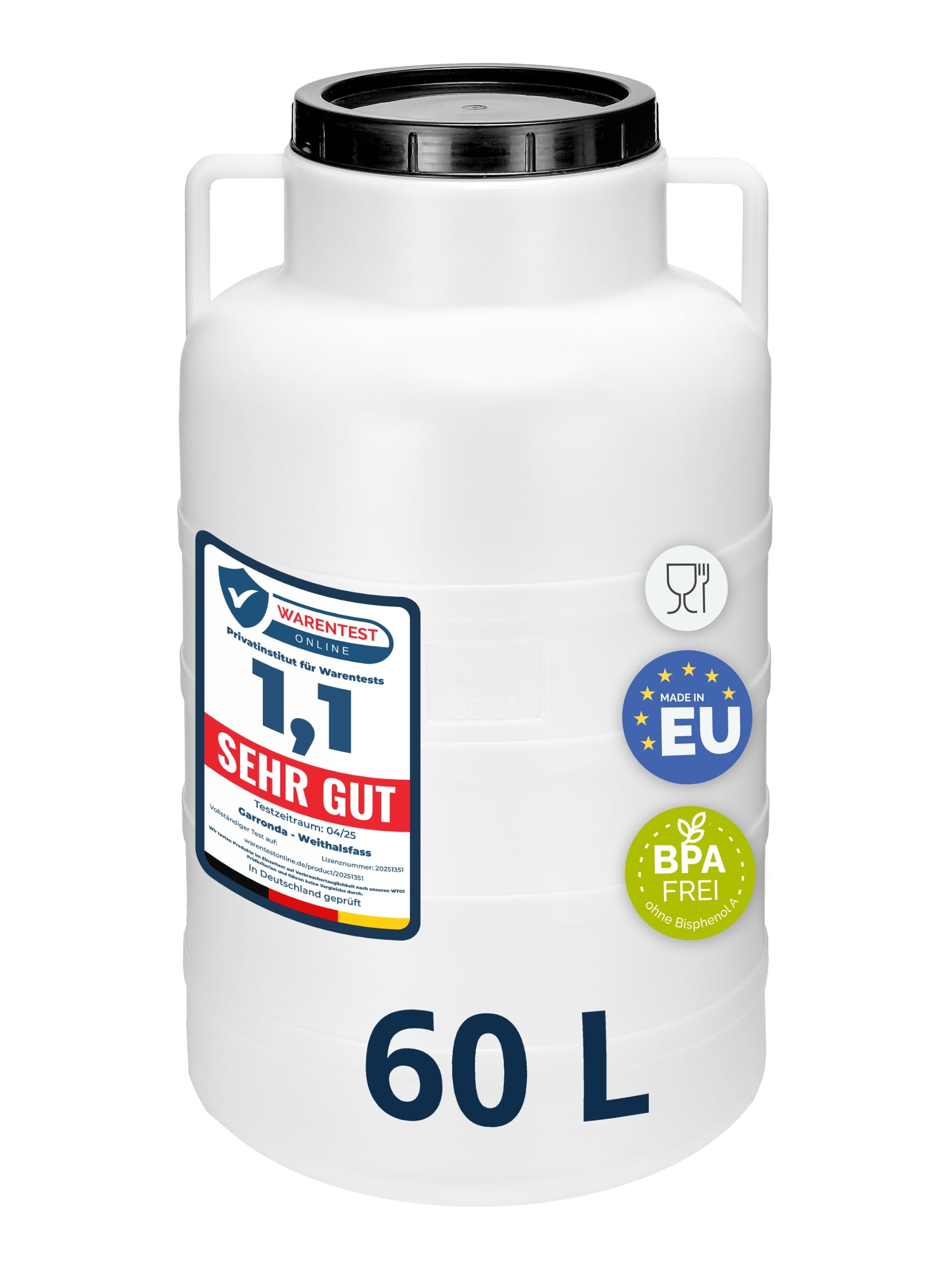 Garronda 60 Liter Weithalsfass aus BPA-freiem Futtertonne Fass Universalfass Lebensmittel Fass Regenfass für Garten Regentonne mit Deckel Regenwassertonne für Garten Wassertonne GD-0078, Weiß