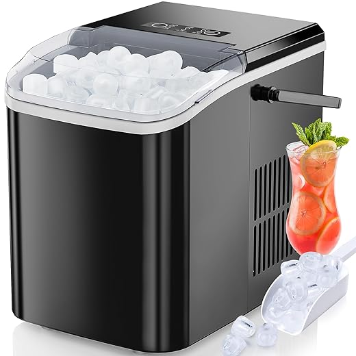 Sweetcrispy Countertop Ice Maker, Portable Ice Machine Self-Cleaning with Ice Scoop, Basket and Handle, 9 Cubes in 6 Mins, 26.5lbs/24Hrs, 2 Sizes of Bullet Ice for Home Kitchen Office Party, Black