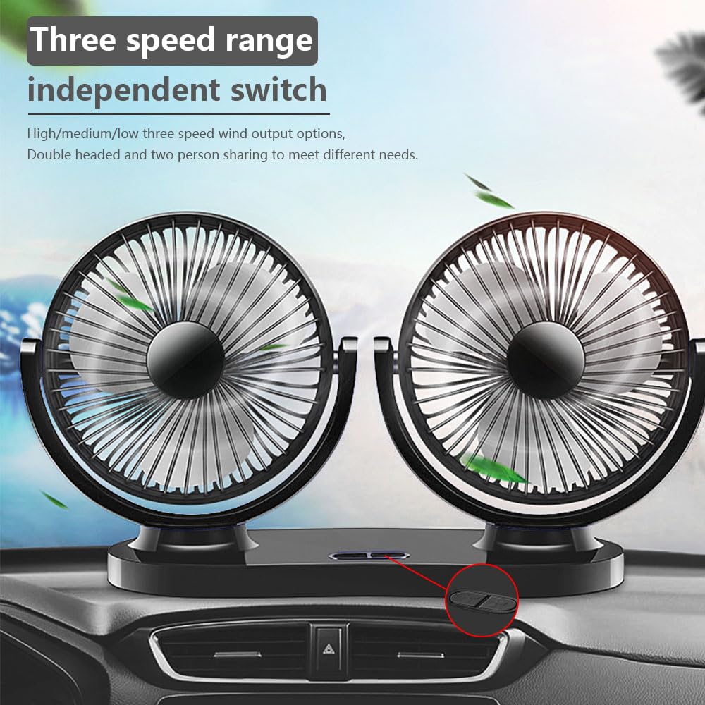 Doppia Teste Ventilatore per Auto 5V, Ventola di Raffreddamento a 3 Velocità, Ventola di Raffreddamento per Auto Girevole a 360 Gradi per tutti i veicoli familiari, furgoni, camper, ATV