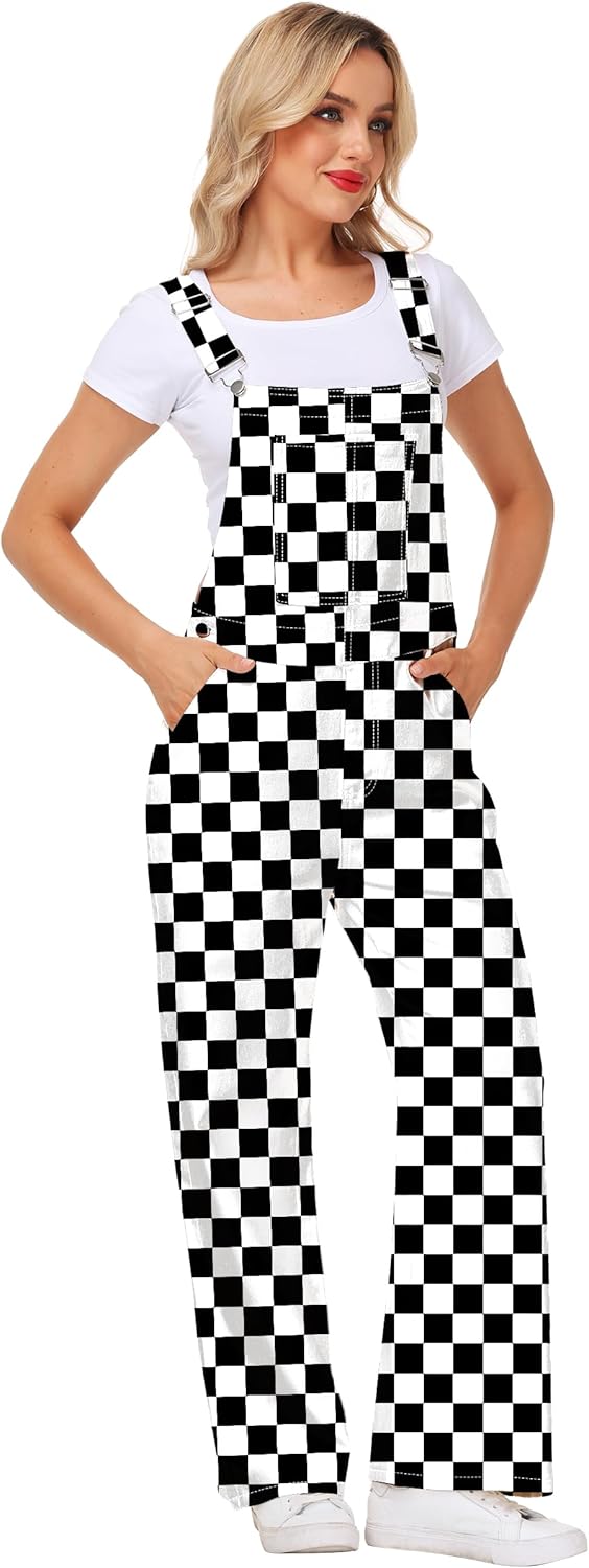 Womens Checkered Denim Bib Overalls Wide Leg Plaid Jean Pants with Pockets