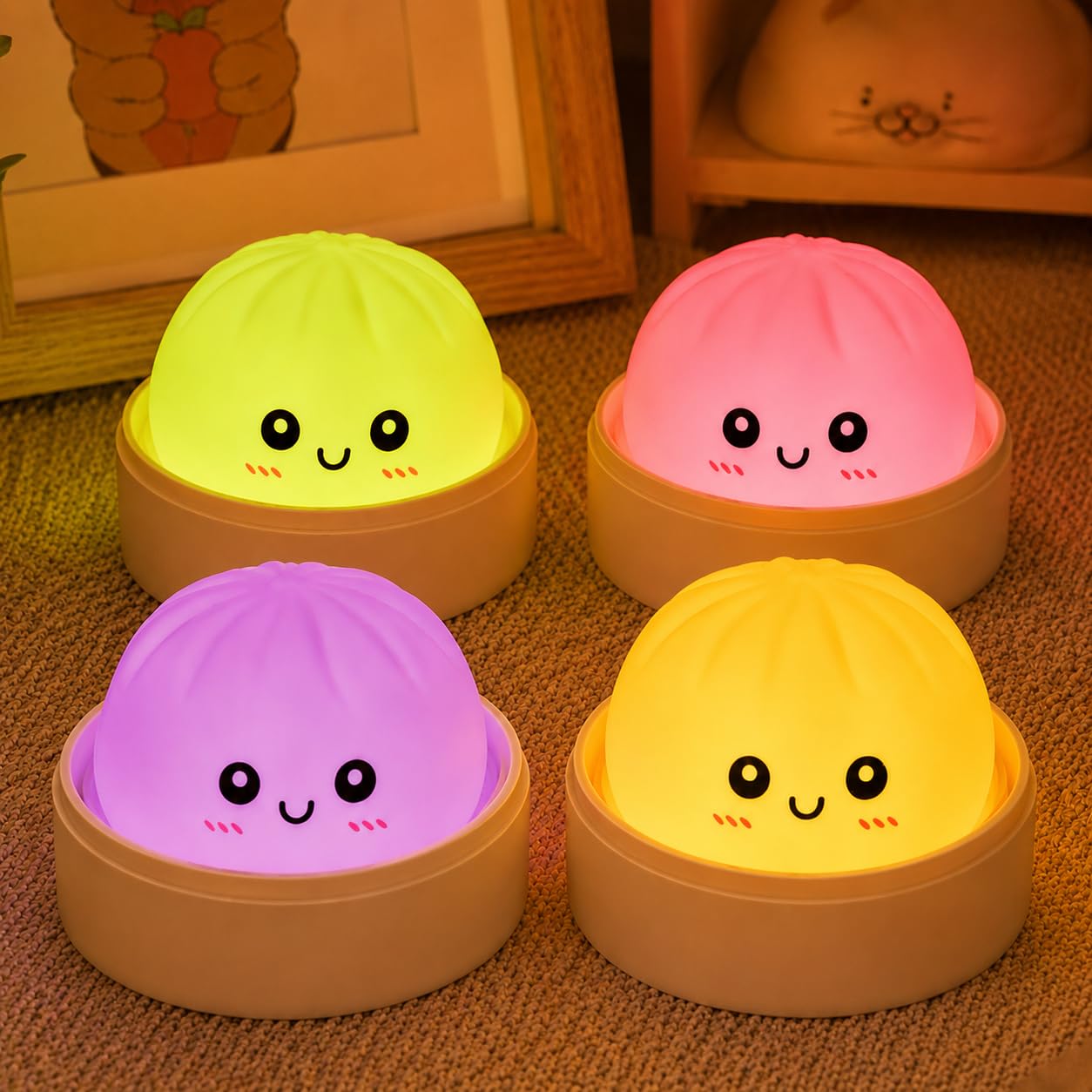 Squishy Bao Dumpling Night Light, 4 Pcs Dumpling Toy Night Light for Kids, Cute Mystery Bao Bun Squishies LED Lights, Silicone Dumplings Lamp for Kids Baby Nursery Bedroom Eye Caring