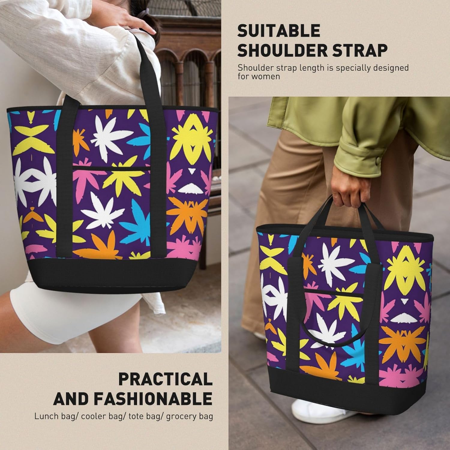 Bright Colorful Weed Pattern Print Large Cooler Bag Tote Bag,Reusable Grocery Bag,Lunch Box Bag, For Picnic Beach Camping