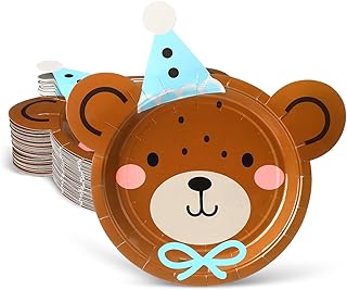 Zhehao 50 Pcs Bear Paper Plates First Birthday Decorations Disposable Brown Teddy Bear Plates Tableware for 1st Birthday Gender Reveal Baby Shower Party Decorations