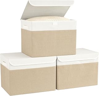 Bagnizer Storage Boxes, Handle with Lid, Foldable Organiser Box, Set of 3, Lightweight Large Cupboard Box with Fabric Lid, 37 x 24 x 24 cm, for Clothes/Office, Boxes, Storage, White and Beige