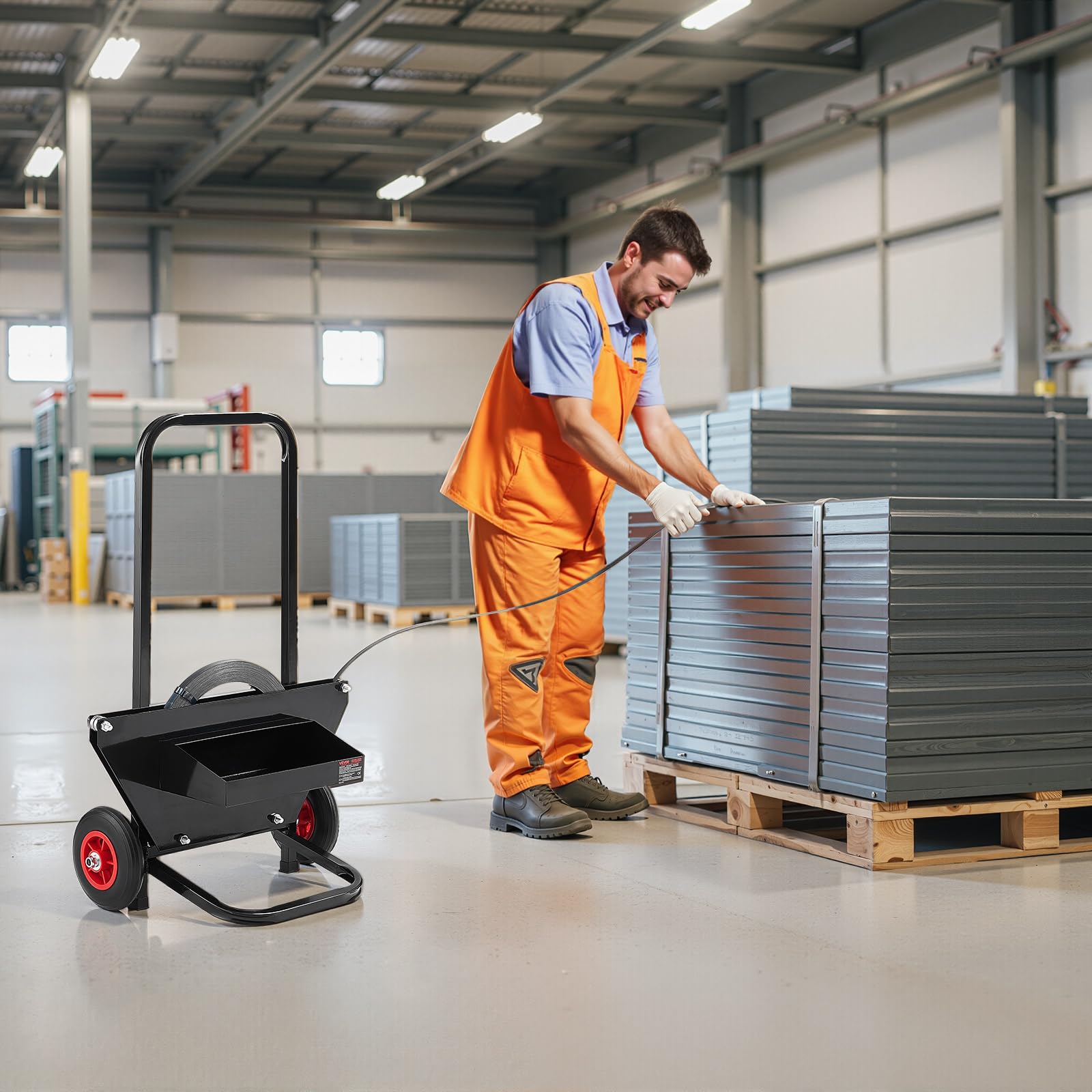 VEVOR Carrello per Reggiatura, per Bobine di Reggette in Acciaio con Diametro Esterno del Nucleo di 600 mm, Distributore di Reggette con Ruote in Gomma, per Fabbriche, Magazzini, Aree di Carico