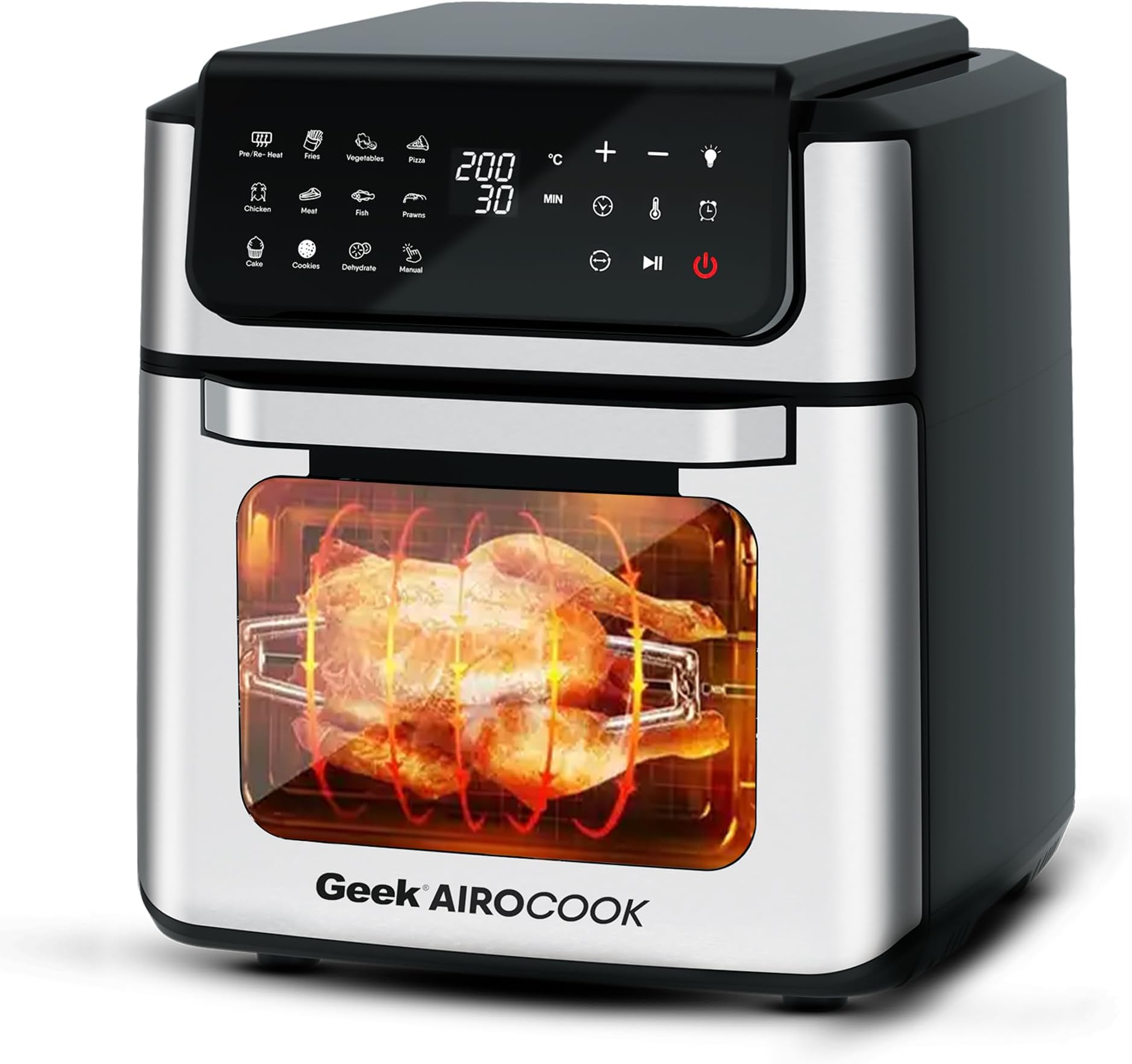 Geek AiroCook Helix 12 Litres Air fryer, 12 Preset Menus, 8-in-1 Digital Touch Oven with Airfry, Bake, Rotisserie, Grill, Toast, Broil, Dehydrate & Keep warm, Recipe Book (1700W)