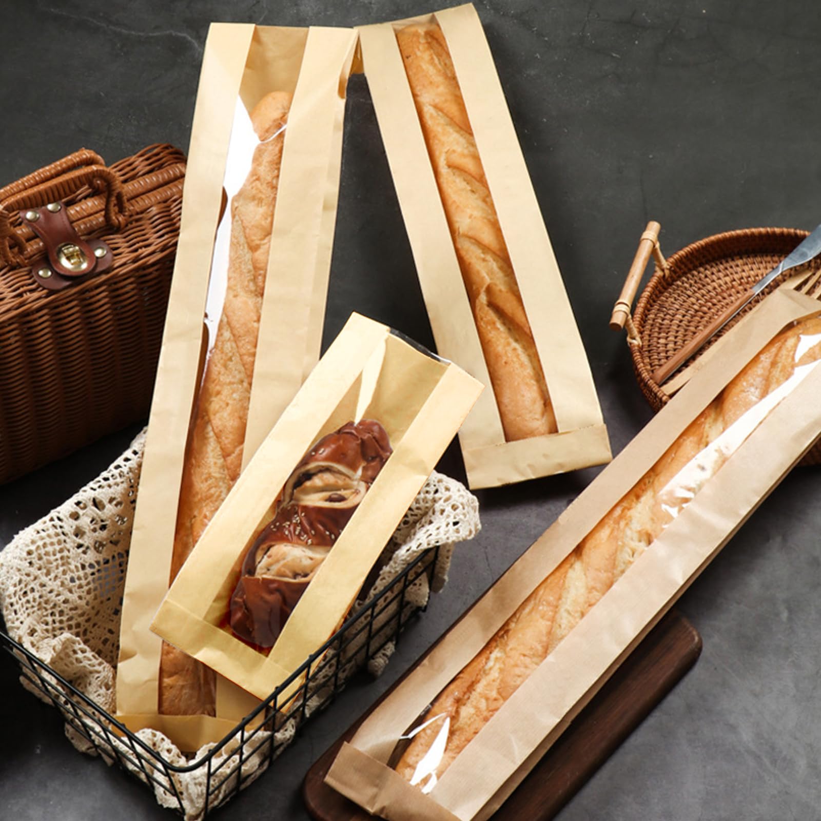 Paquete de 50 bolsas de baguette para pan casero con calcomanías, bolsas de pan de papel kraft reutilizables, bolsas largas de papel de masa madre con ventana frontal transparente