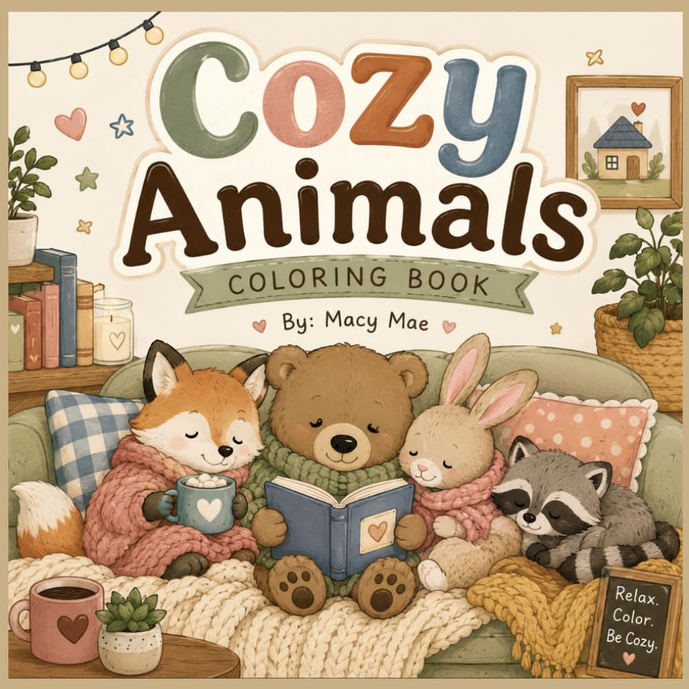Cozy Animals Coloring Book: 40 Big & Easy Adorable Animal Scenes for Relaxation, Creativity, and Fun (Cozy collection)