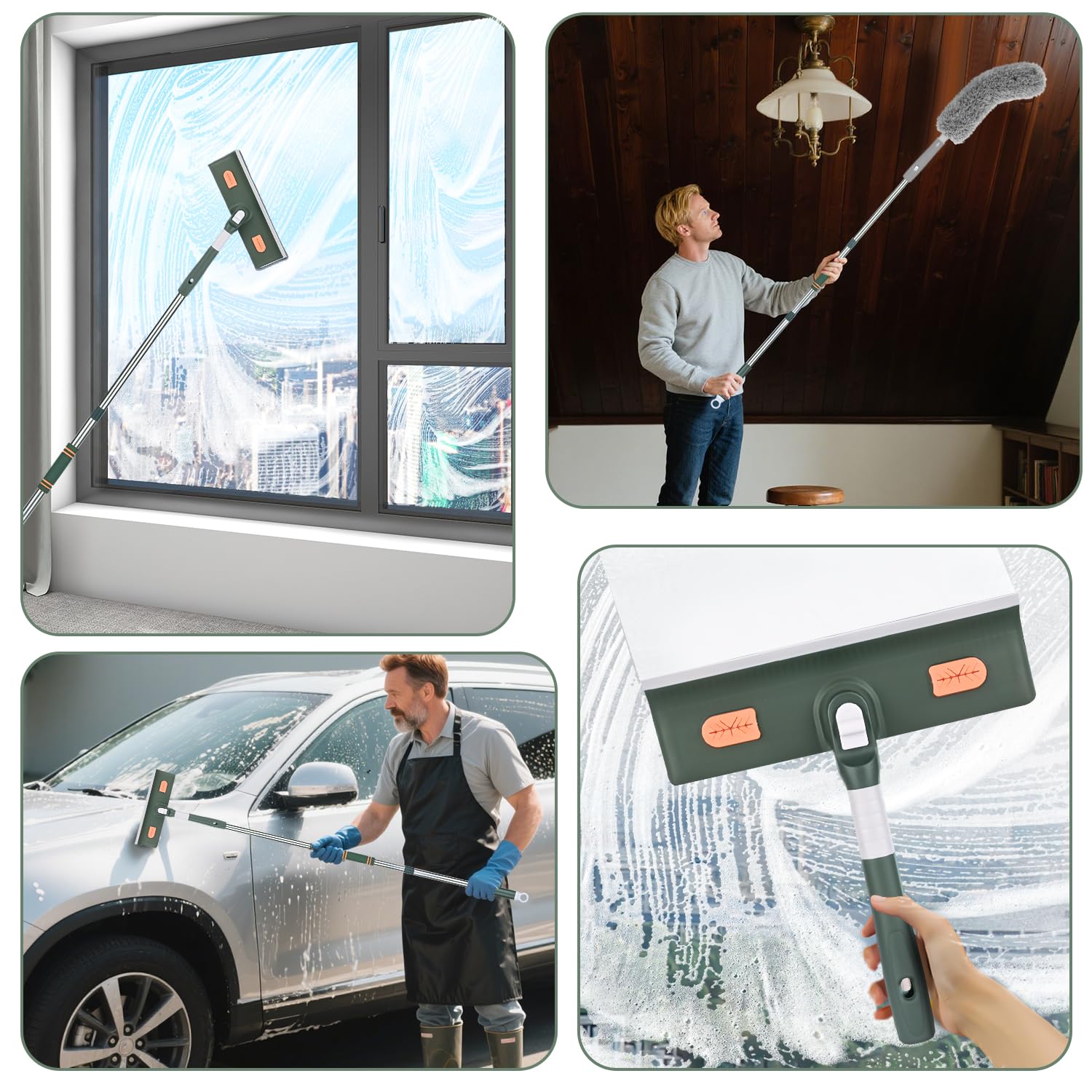 4 in 1 Lavavetri Telescopico, Kit Pulizia Vetrate con Tergivetro in Silicone e Spazzola in Microfibra, Lavavetri con Manico Telescopico per Auto Vetro Alte