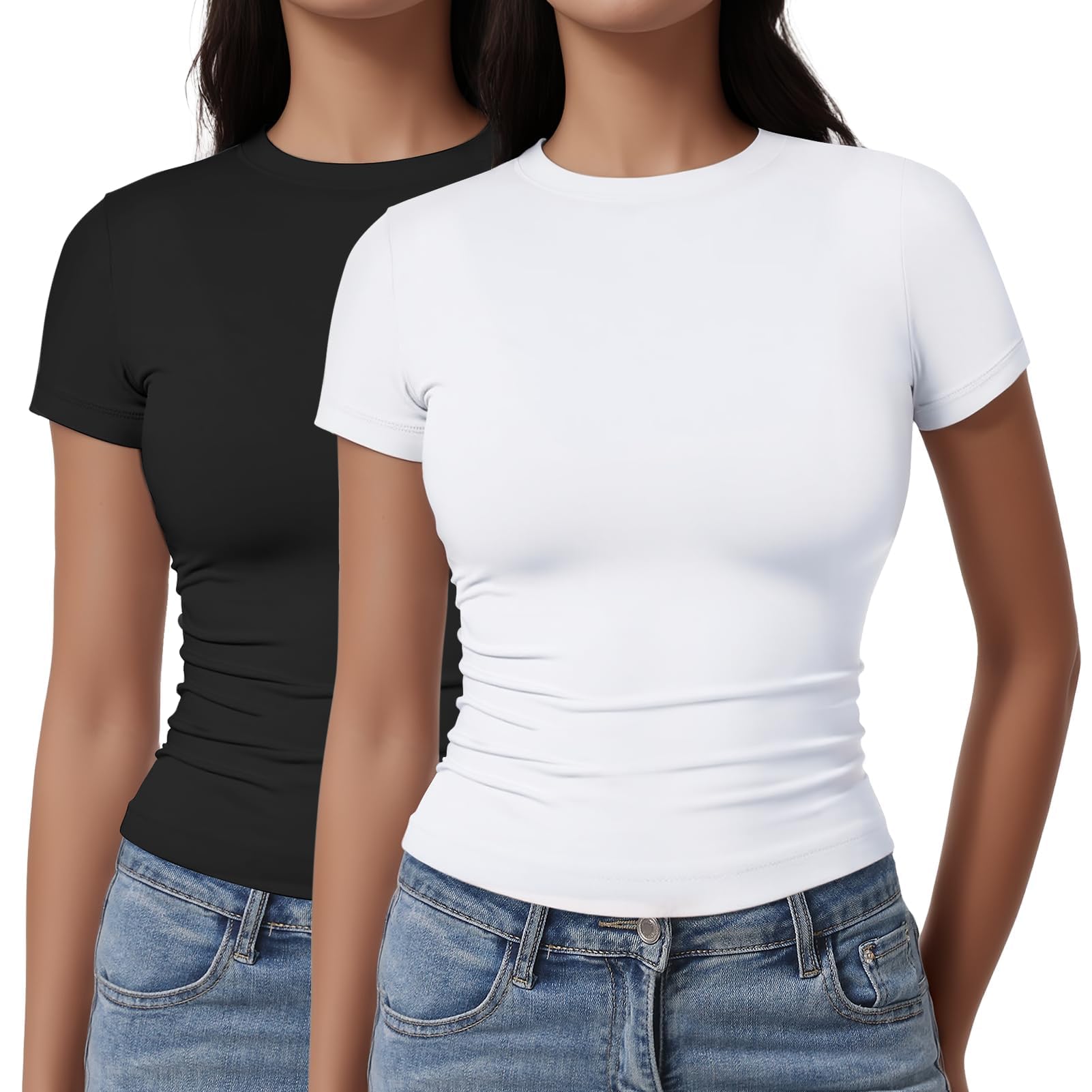 2 Pack Womens Basic Short Sleeve Crew Neck T Shirt Slim Fit Tee Clothes Summer Y2k Going Out Crop Tops Tight Shirts