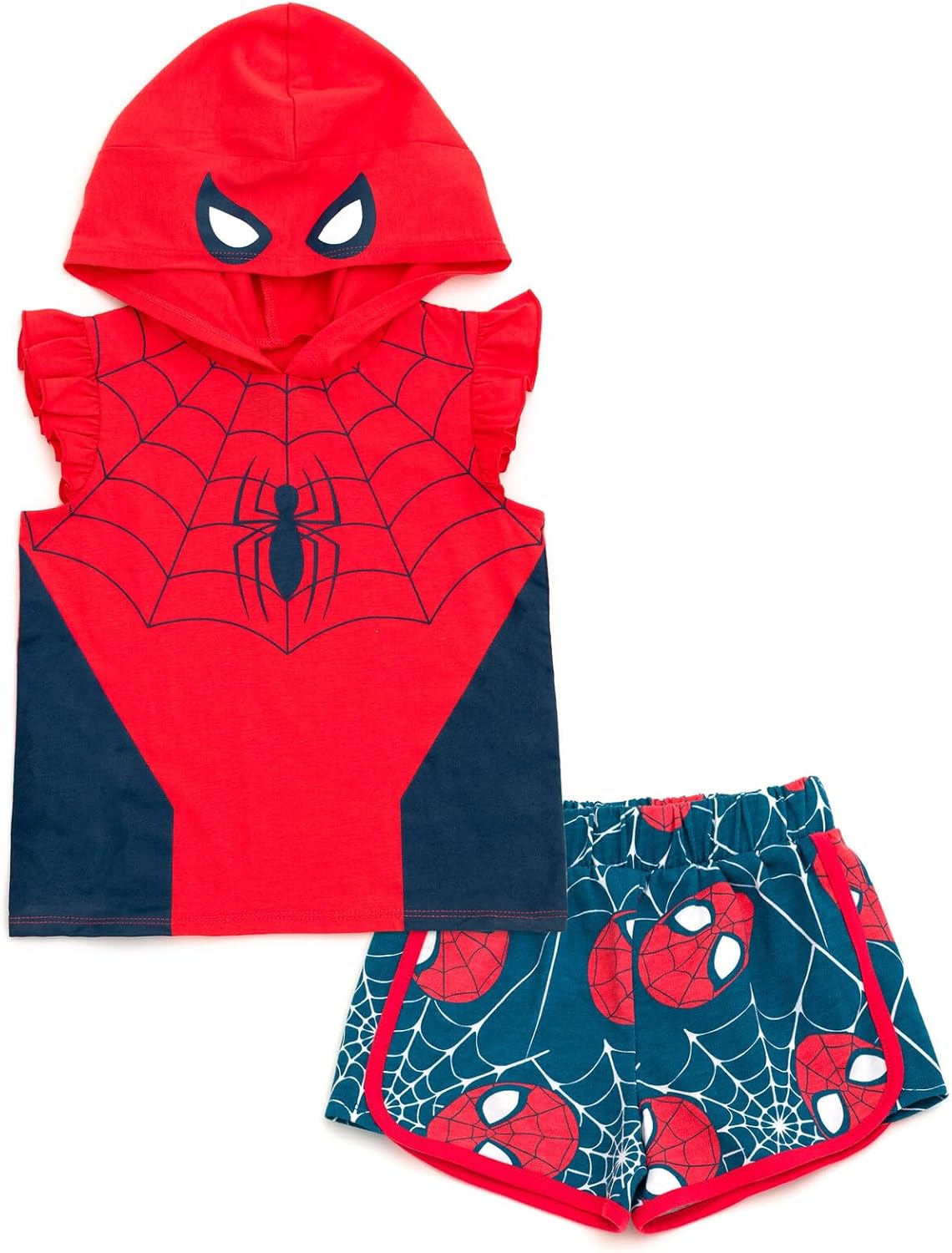 Marvel Spider-Man Girls Cosplay Tank Top and French Terry Dolphin Shorts Outfit Set Toddler to Big Kid Sizes (2T - 14-16)