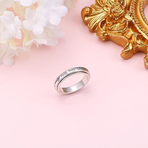 Miniatura 2 de Anillo giratorio de plata de ley S925 con texto en inglés Faith Hope LoveTrue Love WaitsMama BearMoonKeep Going para ansiedad, Plata de ley,