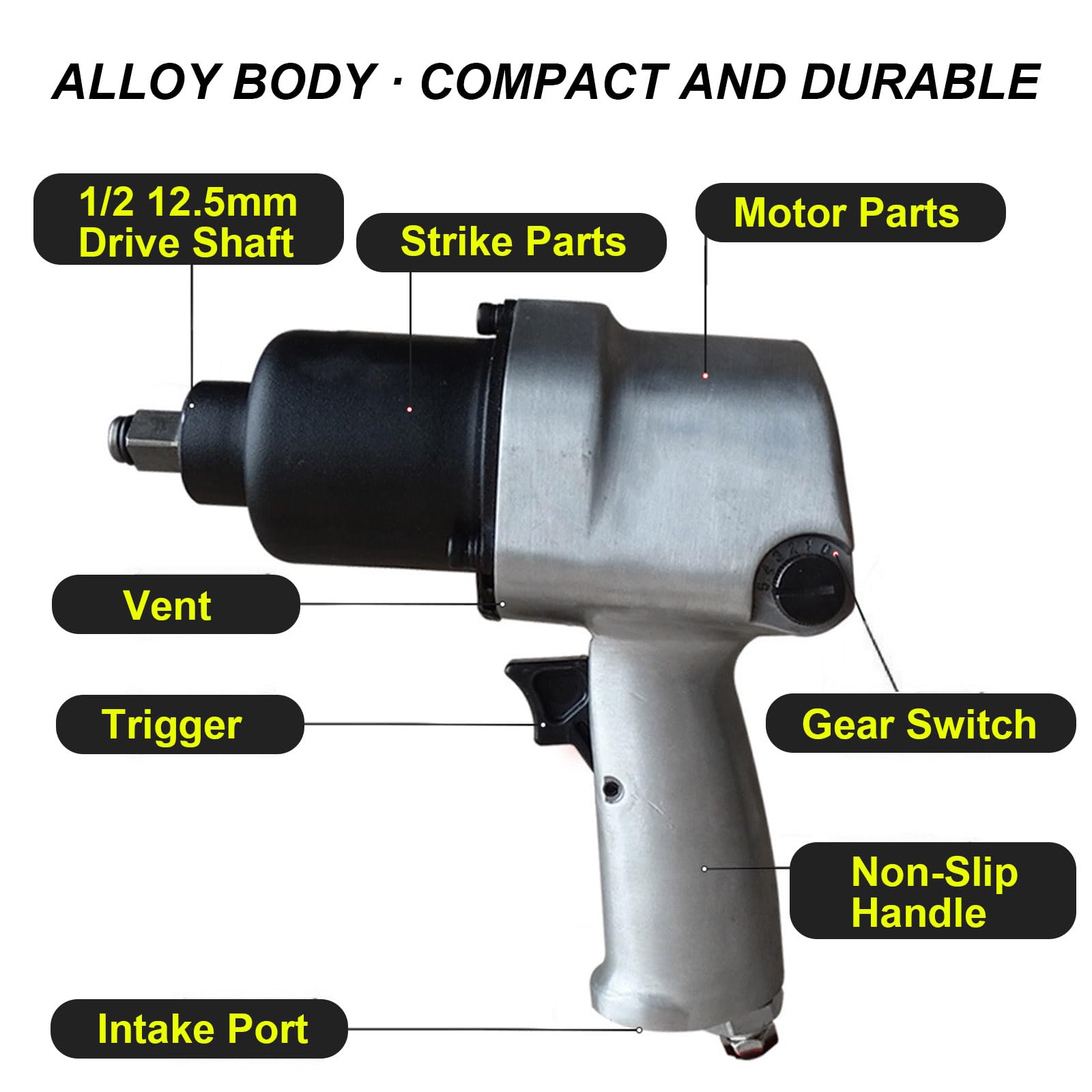Vanwoke Avvitatore pneumatico ad alta coppia da 1000 N.m con azionamento ad aria compressa da 1/2 pollici con velocità a 5 modalità 6000 giri/min Kit chiave a percussione a doppio martello resistente
