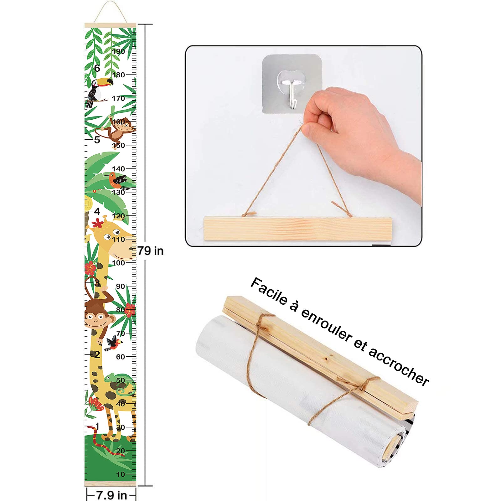 Toise Bébé Murale à Suspendre Règle pour Enfants,Dinosaure Règle Hauteur à Suspendre pour Mesure Croissance,Bébé Enfants Regle Taille Garçon Fille Décoration Chambre 200cm x 20cm.