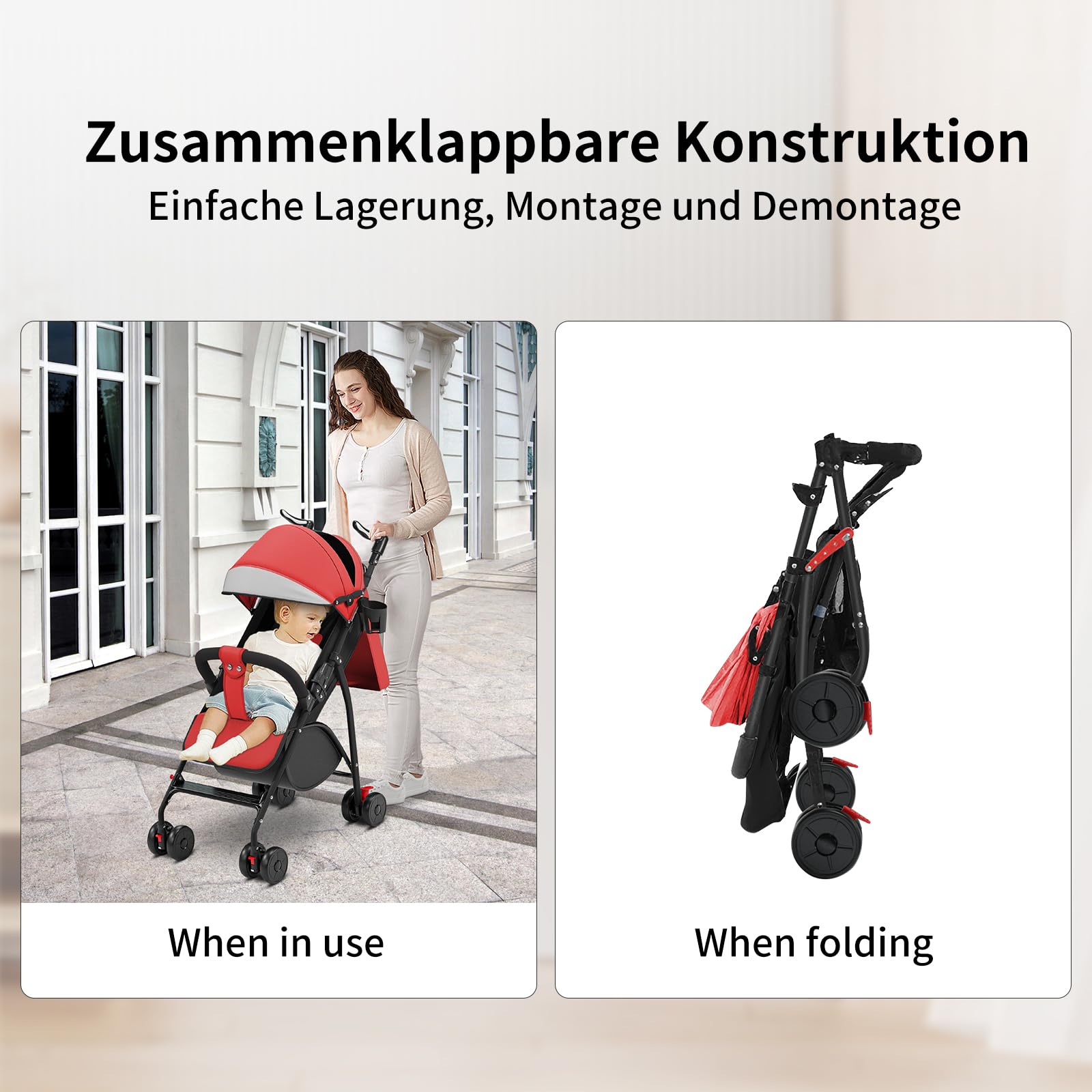 OHMG Passeggino per bambini da 0 a 4 anni, 0 a 22 kg, 3 posizioni di riposo, posizione piatta, pieghevole, con tracolla, imbracatura a 5 punti, cestino, freno a pedale