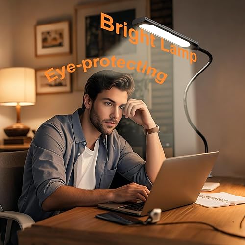 Miniatura 4 de Lámpara de escritorio con clip, lámpara de escritorio LED, 3 modos de color, 14 brillos regulables, lámpara de mesa con clip de metal, brazo