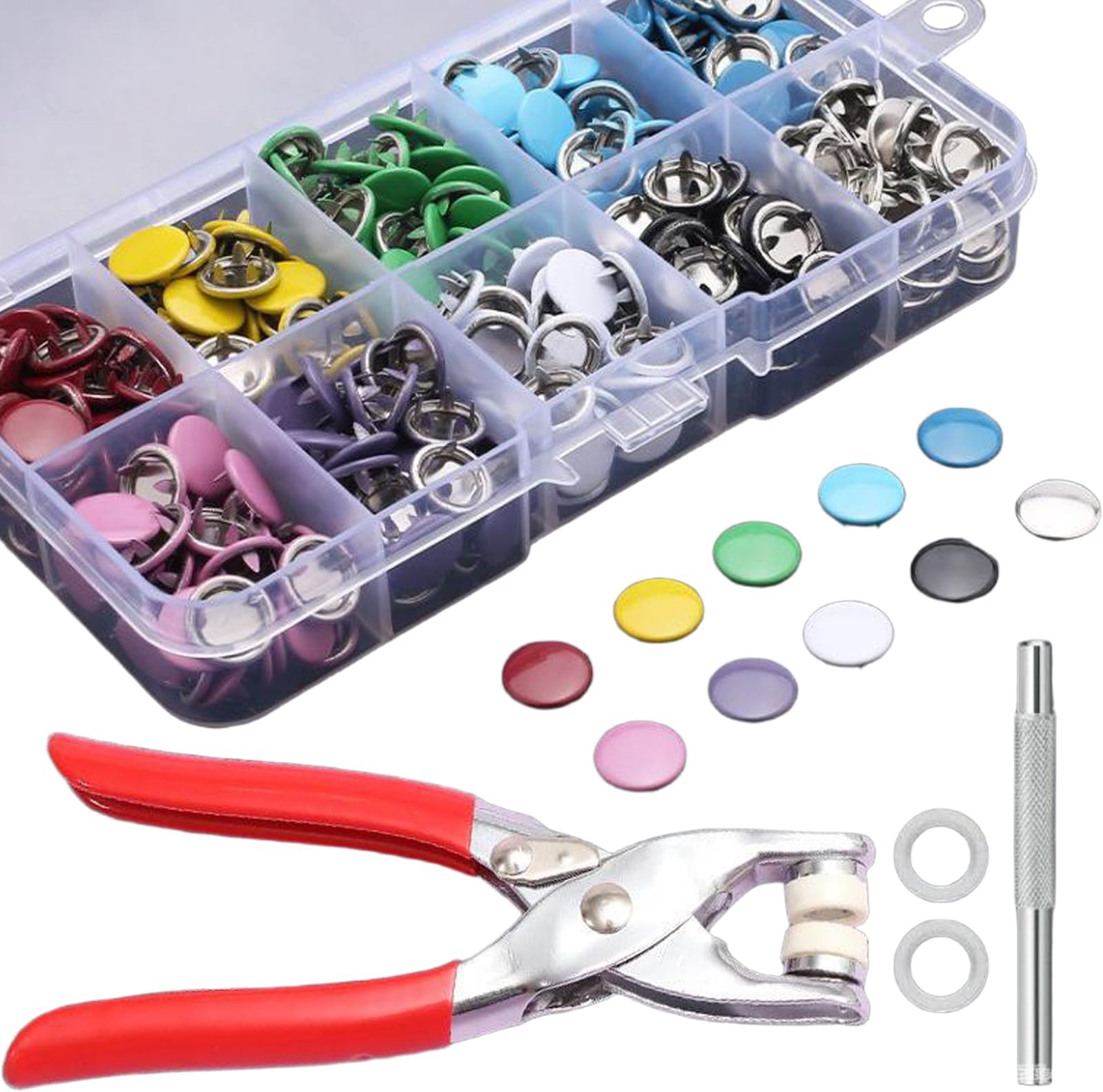 – PLUSHCEWT 100 Sets Snap Button Fastener Kit,9.5mm Colorful Metal Press Studs nap Fasteners & Poppers with Pliers,No-Sew Press Studs for Clothing,Bags,DIY Crafts