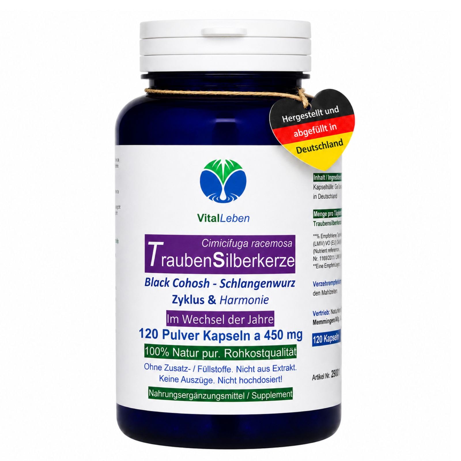 Traubensilberkerze 120 Kapseln Frauenpflanze für Lebensmitte, Wechseljahre, Menopause. Cimicifuga Black Cohosh. Hormonfrei. Kein Extrakt, nicht hochdosiert. NATUR pur. OHNE ZUSATZSTOFFE. 26850-120