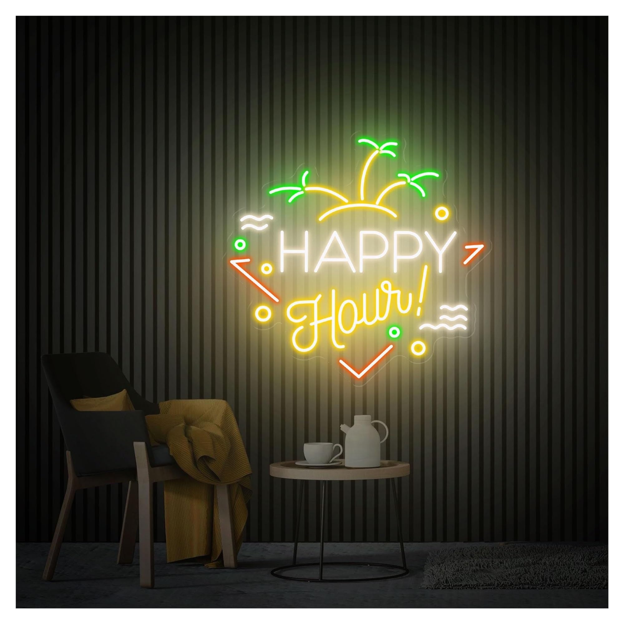 RONGCH Hanging Art Signs Happy Hour Neon Sign,Suitable for Beach House Wall Decor with Dimmable 48cmx50cm(C)