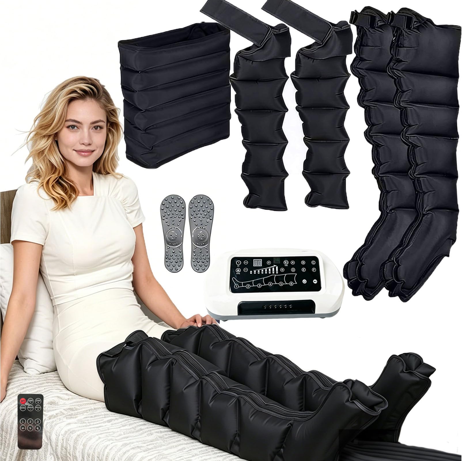 Leg Massager Bein Massagegerät, lindert Schmerzen & Müdigkeit, 6 Kammern individuell steuerbar, 8 Druckstufen, Timer 1-60mins,kabellos & leise, für Beine Bauch Arme