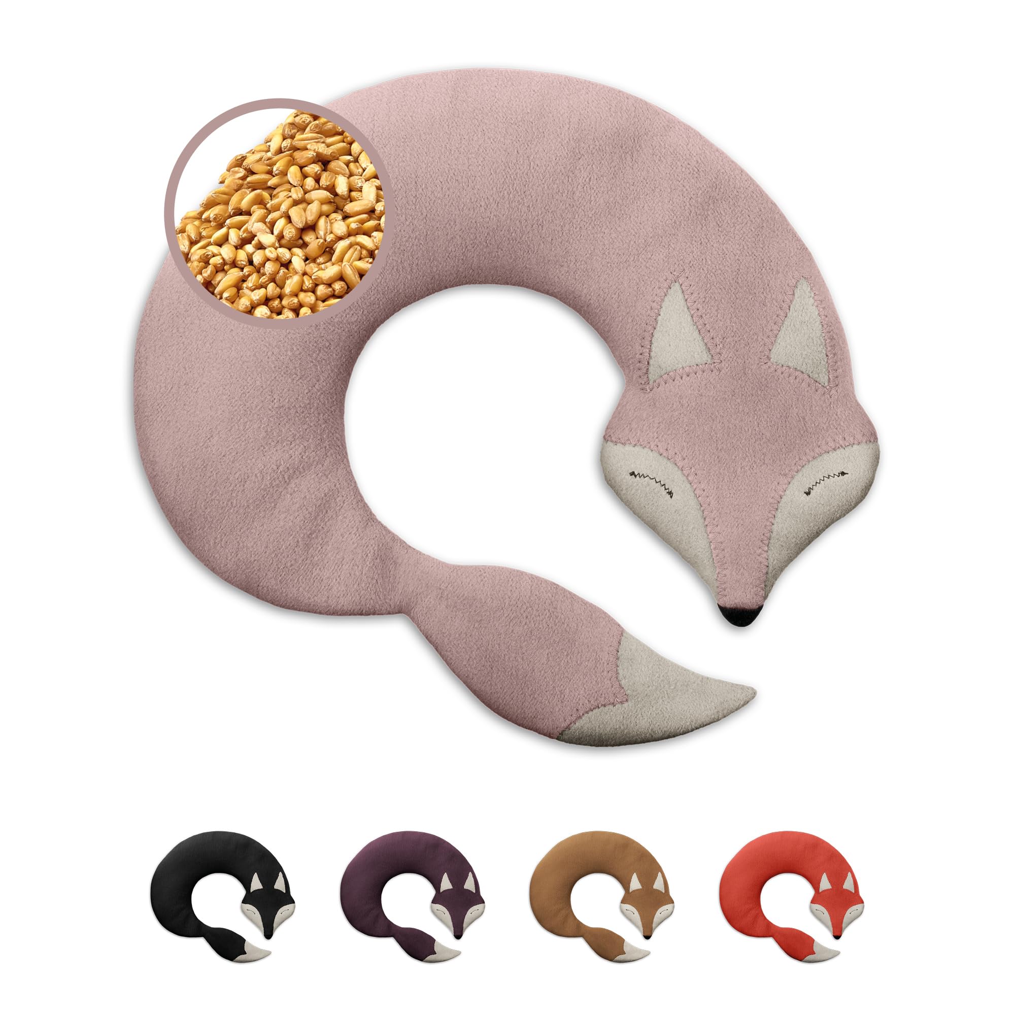 LESCHI Cuscino cervicale termico per microonde - 100% cotone e grano biologico - Cuscino riscaldante ideale per sciogliere tensioni a collo, spalle e schiena - Volpe, rosa