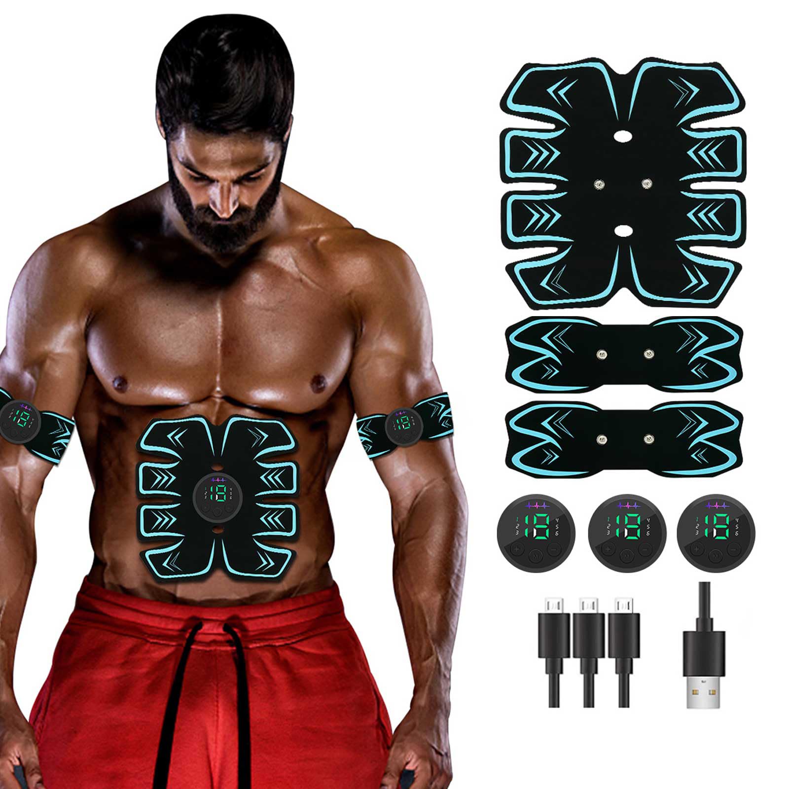 Electronic Muscle Stimulator, Abs Stimulator, USB Rechargeable Portable Fitness Workout Equipment with 12pcs Free Gel Pads for Men Woman, The Latest Model 10 Modes, 19 Levels of Intensity