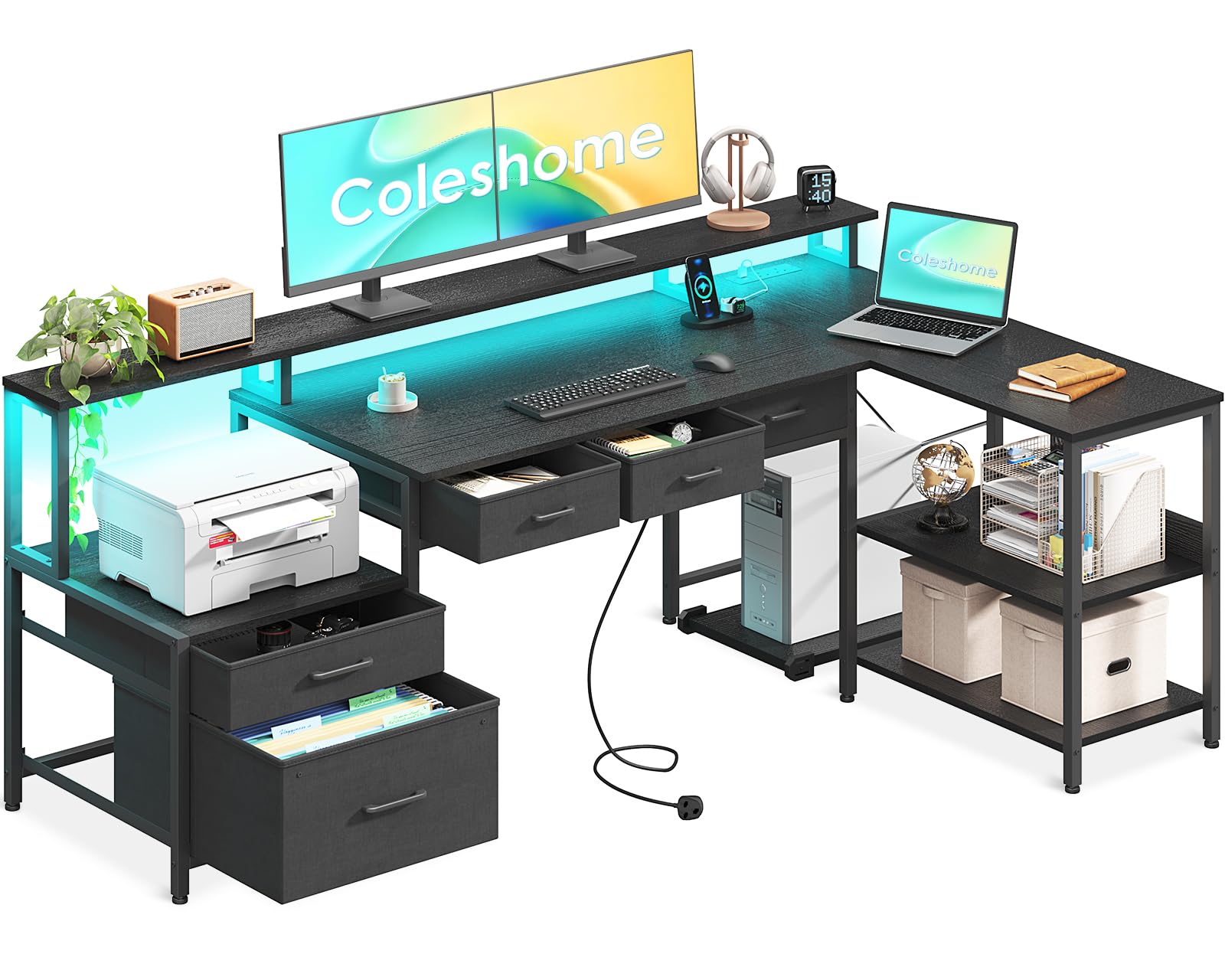 Coleshome175x100 cm Corner Desk with Drawers, Reversible L Shaped Desk with LED lights & Power Outlet, Home Office Desks with Monitor Shelf, Large Computer Table with Storage Shelf, Black