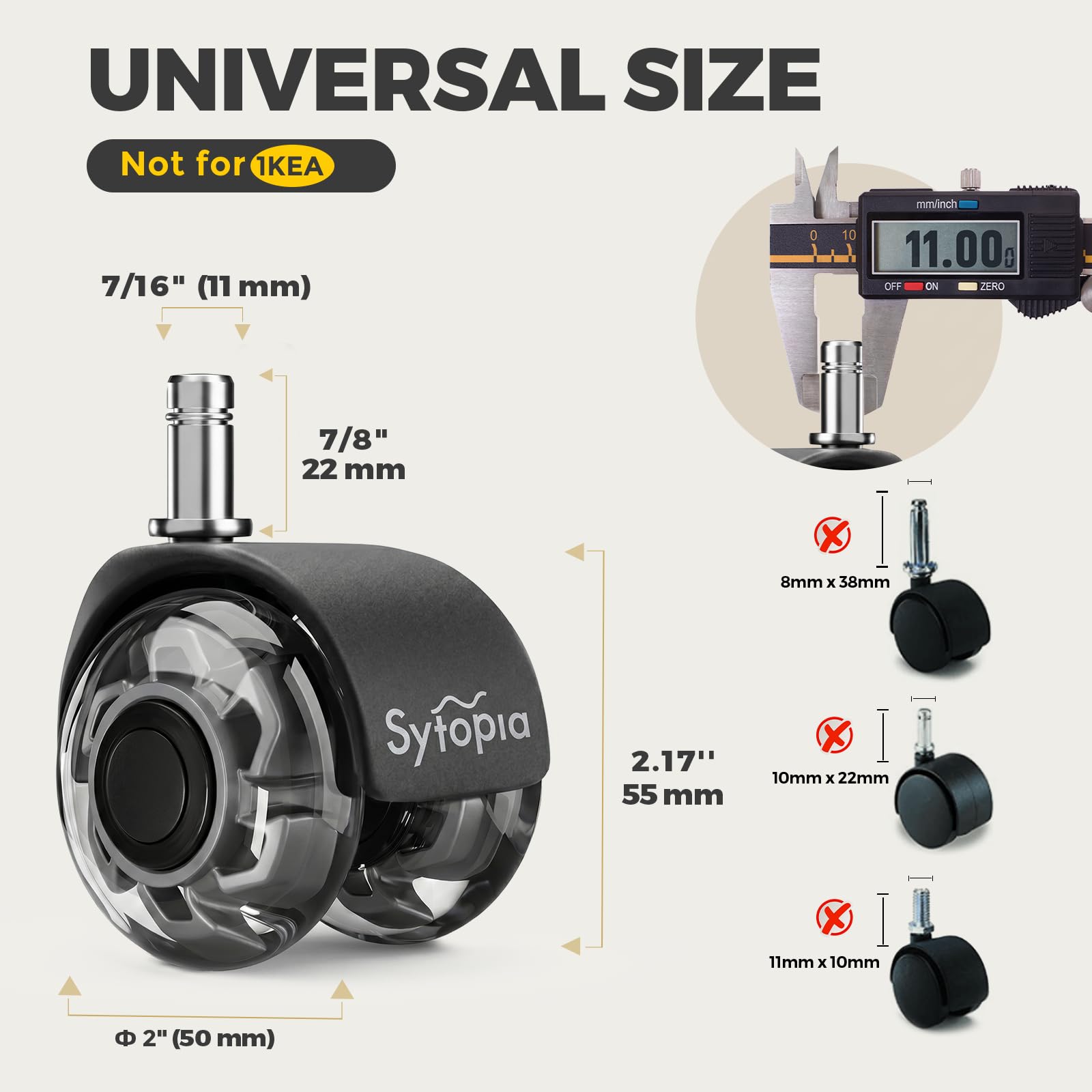 Sytopia Ruedas de silla de oficina resistentes de 11 x 22 mm para suelo de madera dura y alfombra, repuesto de alfombrilla, ruedas de repuesto de goma mejoradas, accesorios universales, rodillos