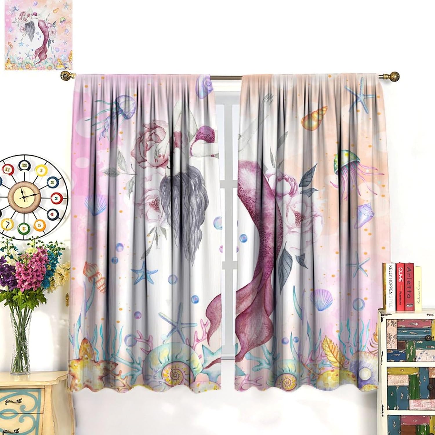 Watercolor Mermaid Curtains, Pink Sea Ocean Theme Window Drapes for Girls Bedroom Cute Coral Reef Fish Seashell Jellyfish Print Blackout Curtains for Kids Room Living Room, 42" W X 45" L