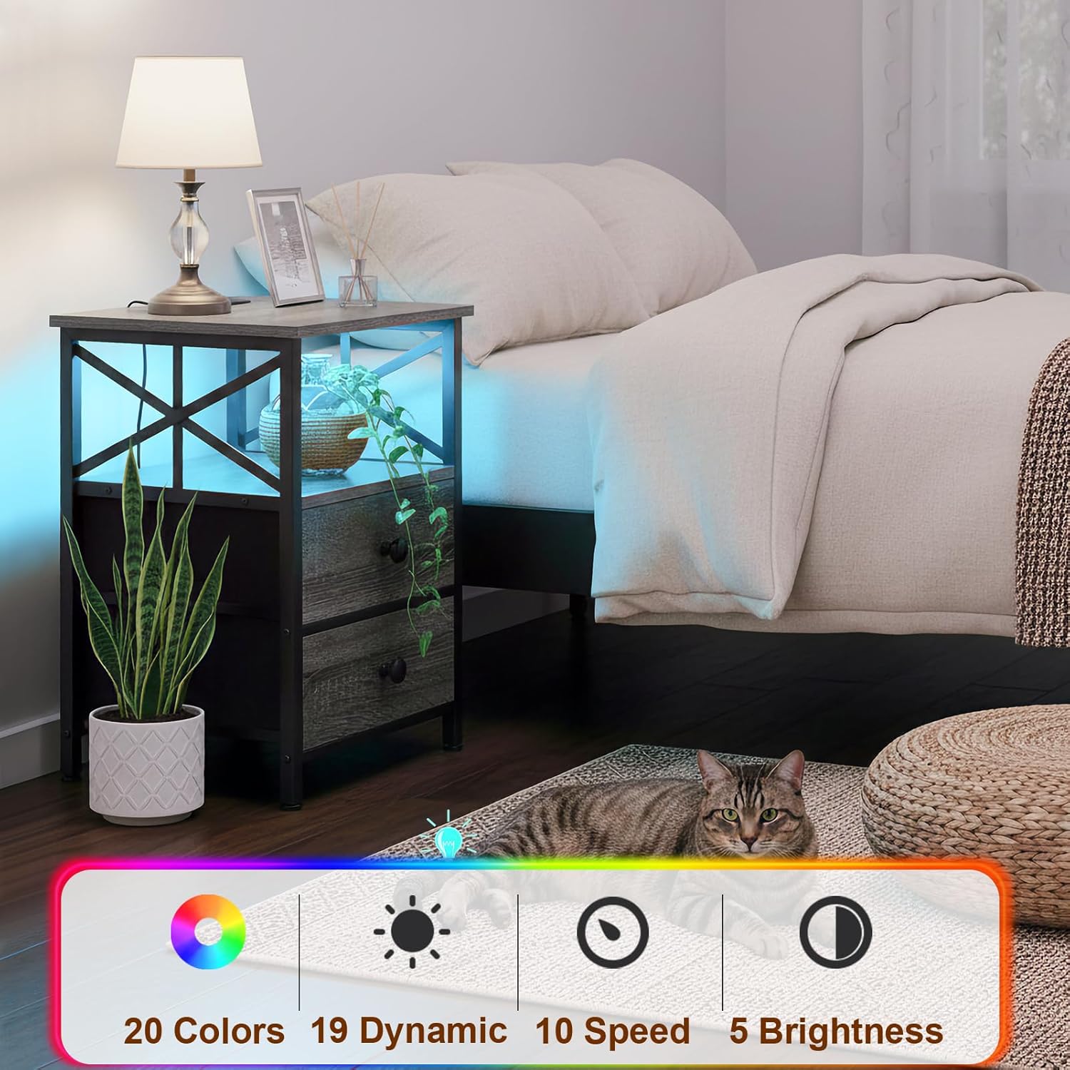 AMHANCIBLE Night Stand Set of 2 with Charging Station and LED Lights, Large 2-Drawer Bedside Tables with USB Ports and AC Outlets, Modern Nightstand for Bedroom, Dark Grey HET052LDG