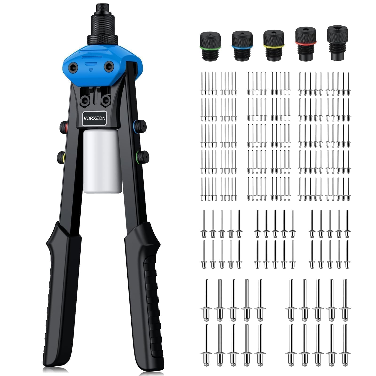 Rivettatrice a Pistola Professionale per Rivetti, Rivettatrice Manuale Rivettatura in Alluminio con Set 200PCS Rivetti per 5Dimensioni Rivetti da 2.4mm 3.2mm 4.0mm 4.8mm 6.0mm 6.4mm