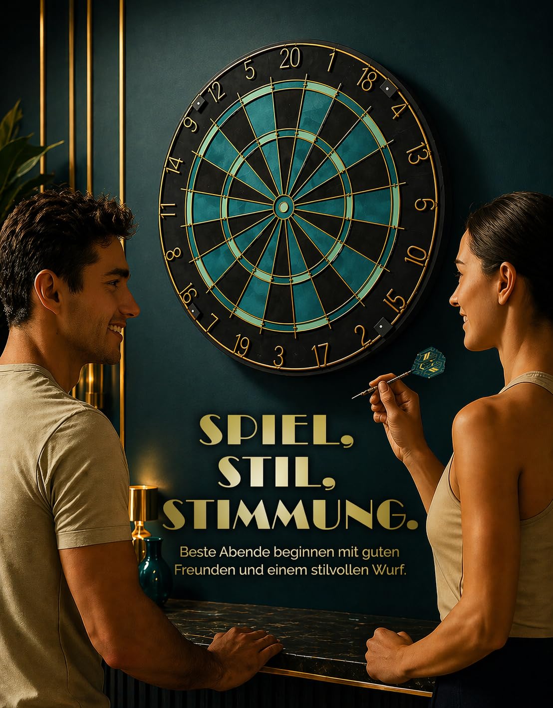Dartscheibe Dartboard Sisal Professionell Türkis mit Goldener Zahlenring & Pfeilen - Profi Steeldartscheibe - Dart Scheibe Target mit 6 Dartpfeilen Metallspitze golddart Flight Barrels shafts schäfte