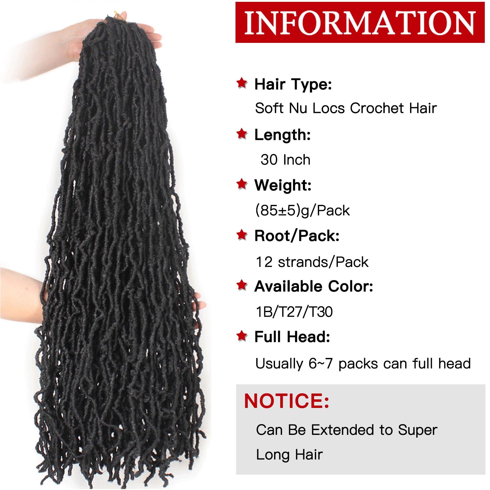 Xtrend 7 Packs 30 Pouces Nu Faux Locs Crochet Cheveux Longs Brun Foncé Pré-bouclé Déesse Faux Locs Tresses Extensions de Cheveux 1B