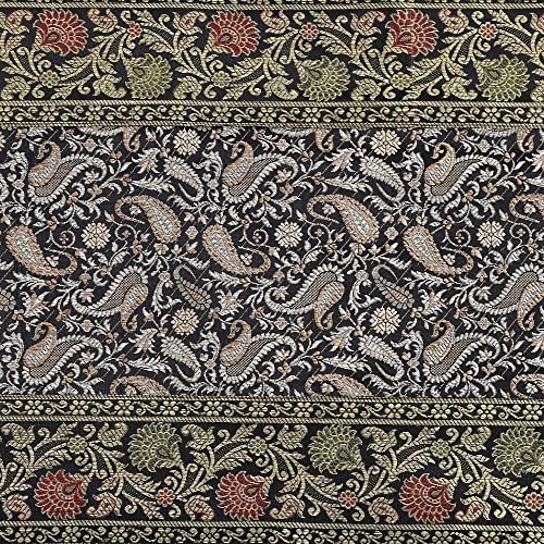 Image of E-EZRA Room Decor Banarasi Silk Handmade Flower V Shape Table Runner Dinning & Centre Table Long Runner Bed Runner Gold Tassels End Size 14 X 80 inches (Black)