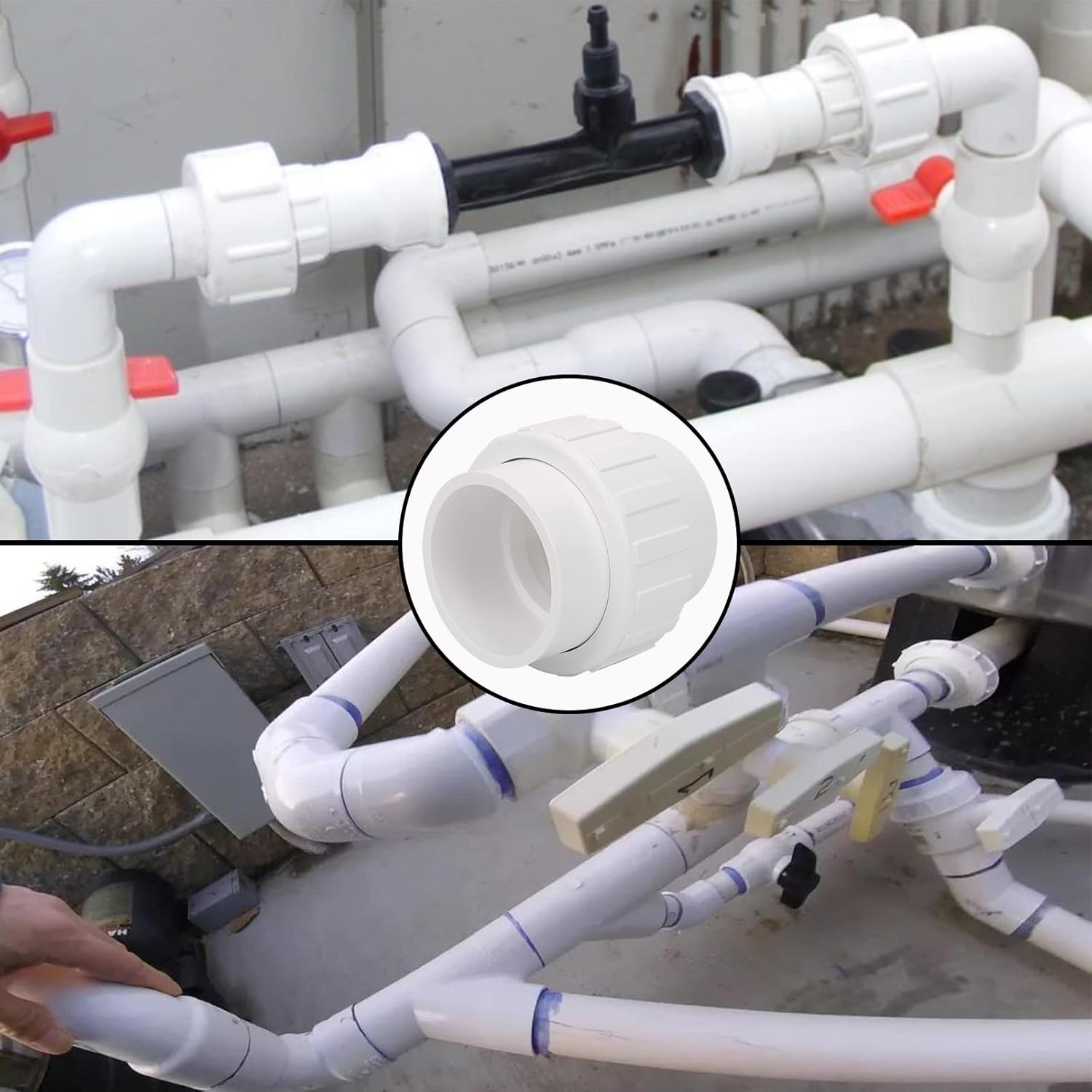2 Pack 2" PVC Union Coupling Pipe Fitting (Socket x Socket) 2 Inch PVC Slip Union PVC Adapter Coupling Schedule 40, EPDM O-Ring, White
