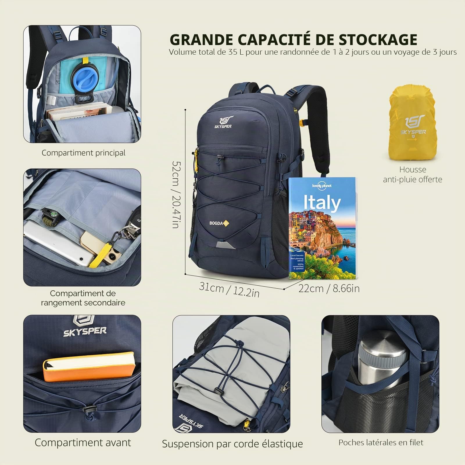 SKYSPER Sac à Dos de Randonnée 35L Ultraléger avec Système de Ventilation et D'hydratation Dorsale, Sac à dos de Trekking en Polyester Respirant 3D Air Mesh Camping en Plein Air