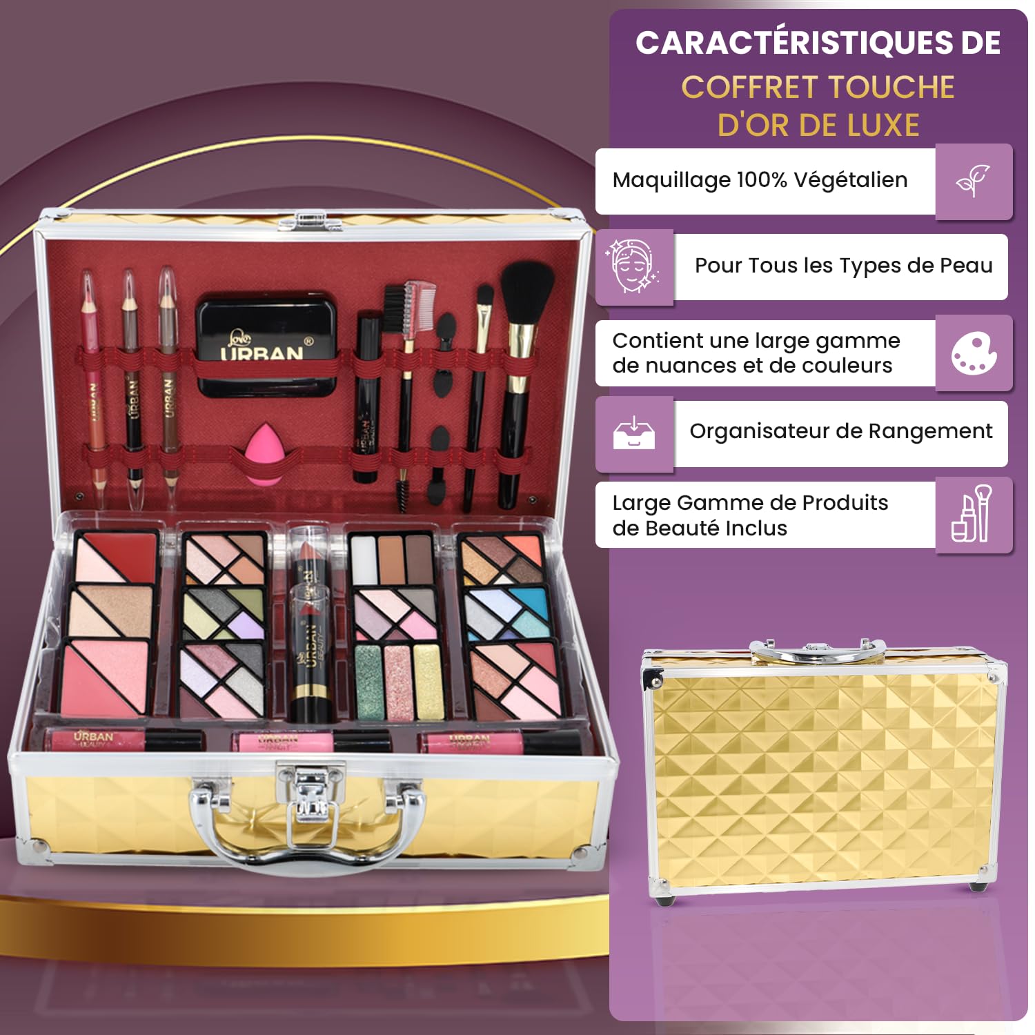 Trousse de Maquillage Végétalienne Love Urban Beauty Luxe Gold Touch Coffret Cadeau de Voyage 73 Pièces