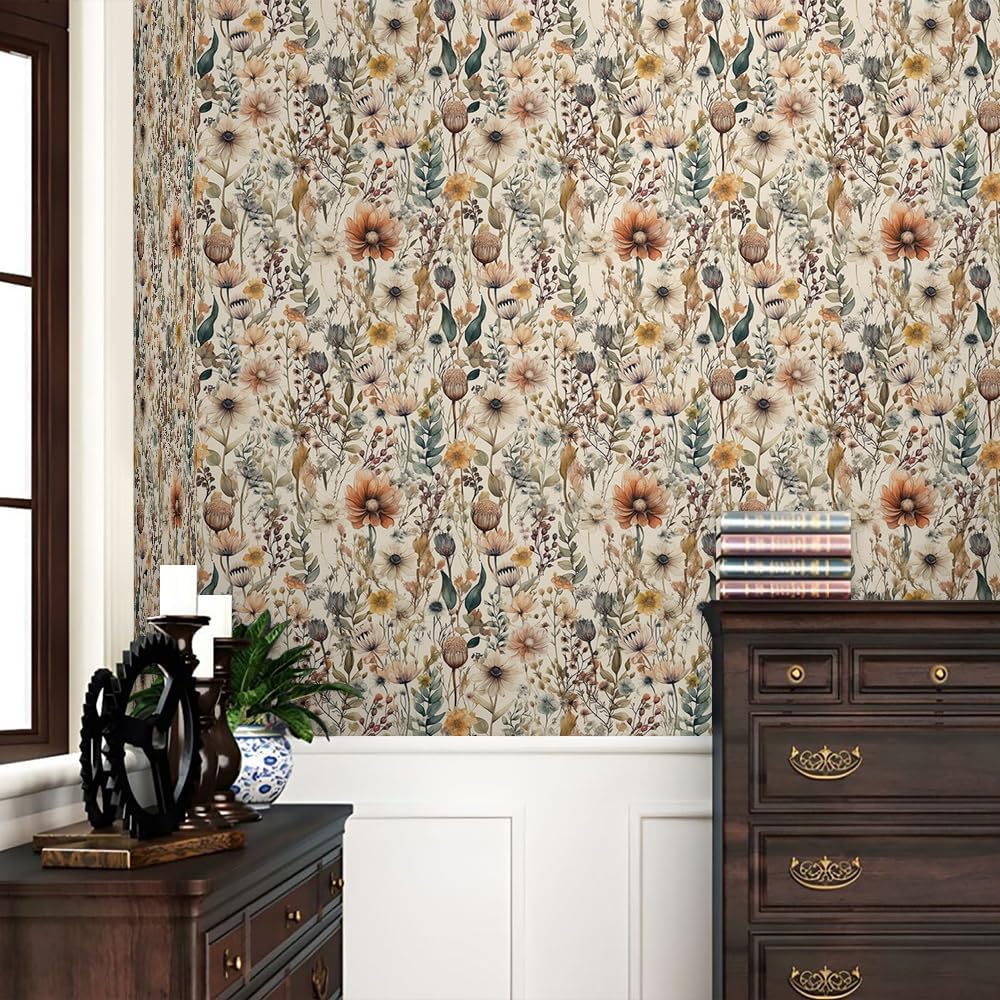REDAMANCY Boho Coloful Yellow Wildflower Vintage Leaf Peel and Stick Wallpaper Stick on Contact Paper Vintage wall Paper Easy Peel Off for nightstand Drawer Cabinet Renter